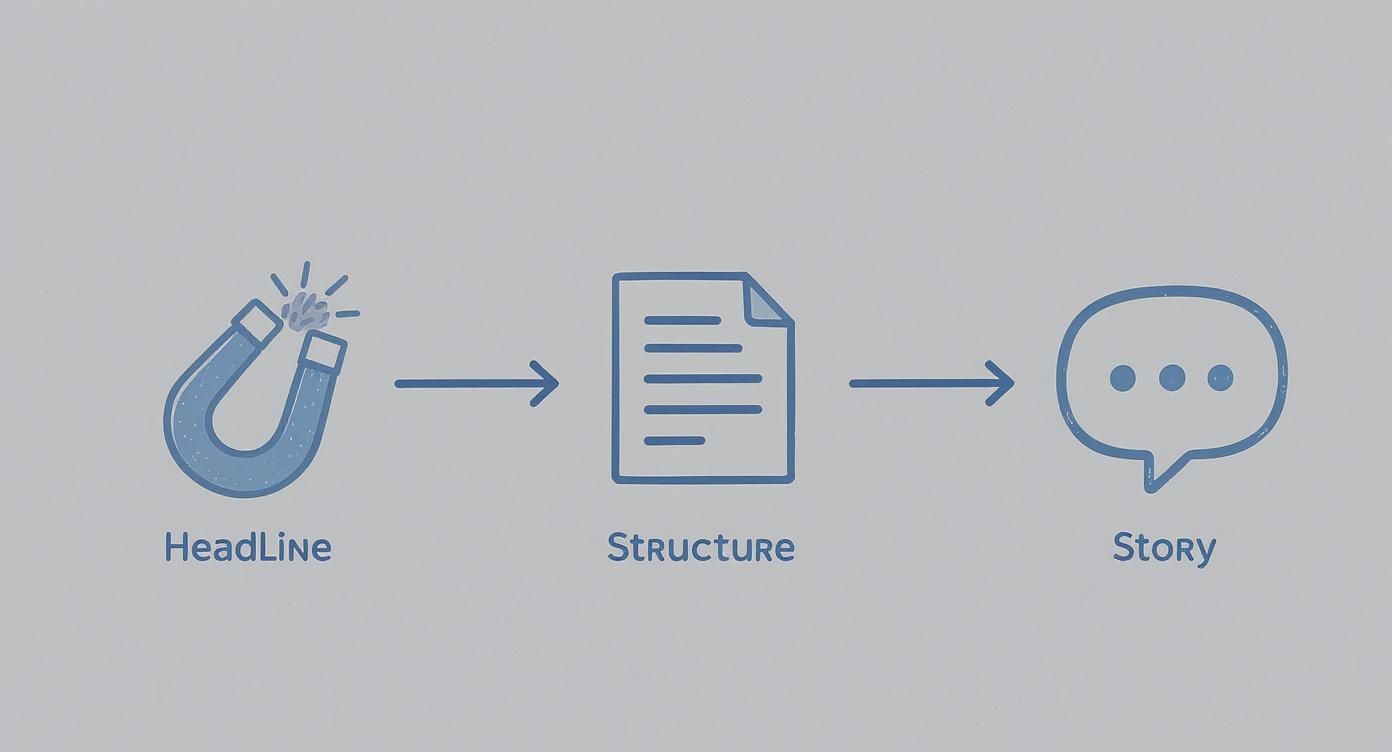 Content marketing workflow diagram showing headline, structure, and story progression with icons and arrows