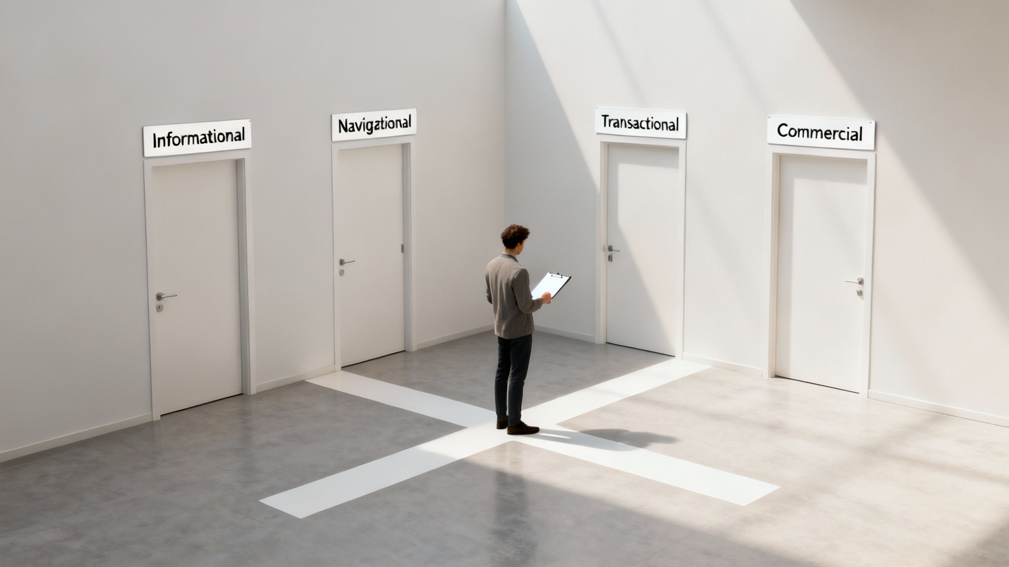 Businessman choosing between informational, navigational, transactional, and commercial content doors.