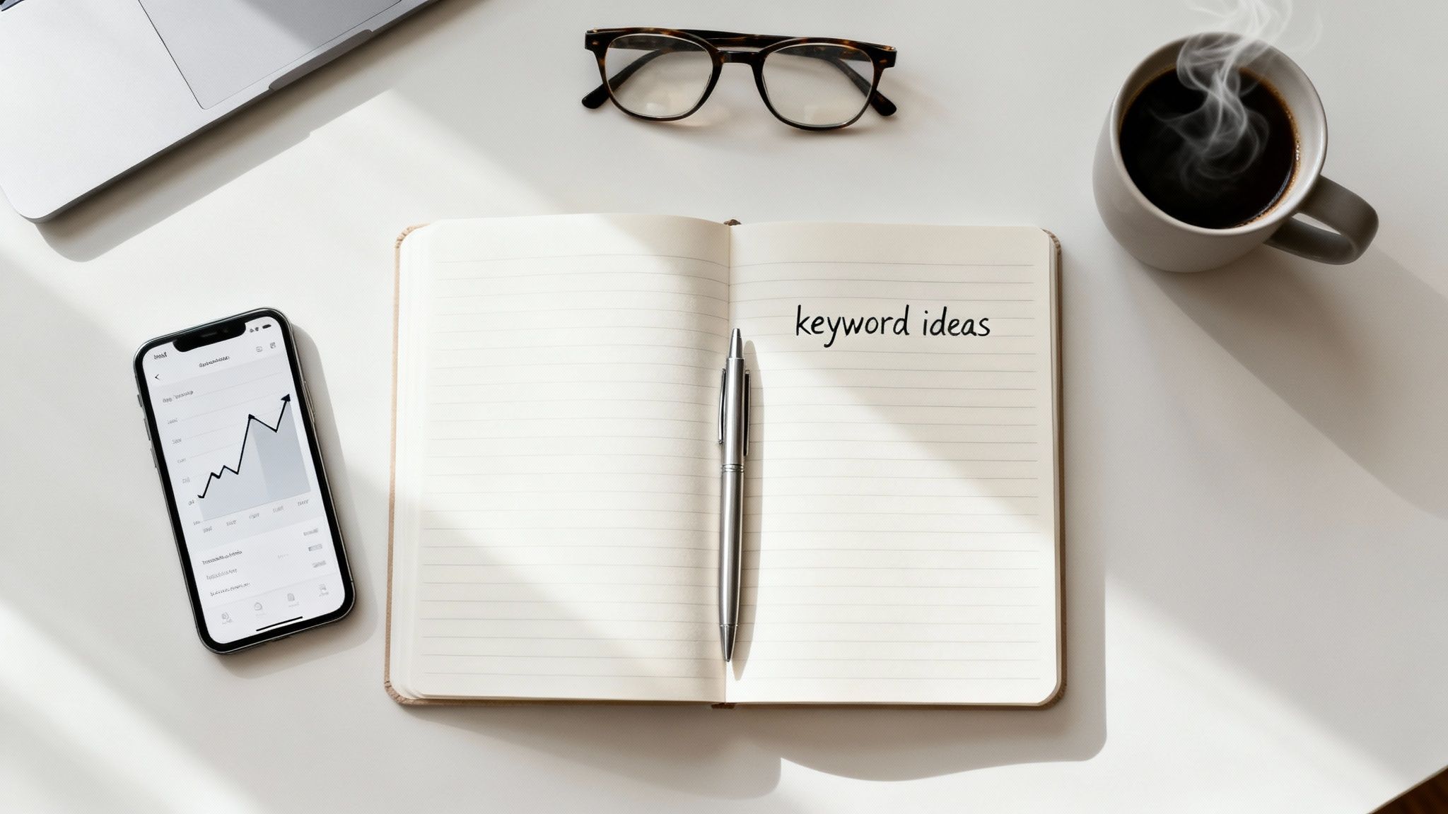 Flat lay of a desk with a laptop, phone displaying a growth chart, and a notebook with 'keyword ideas'.