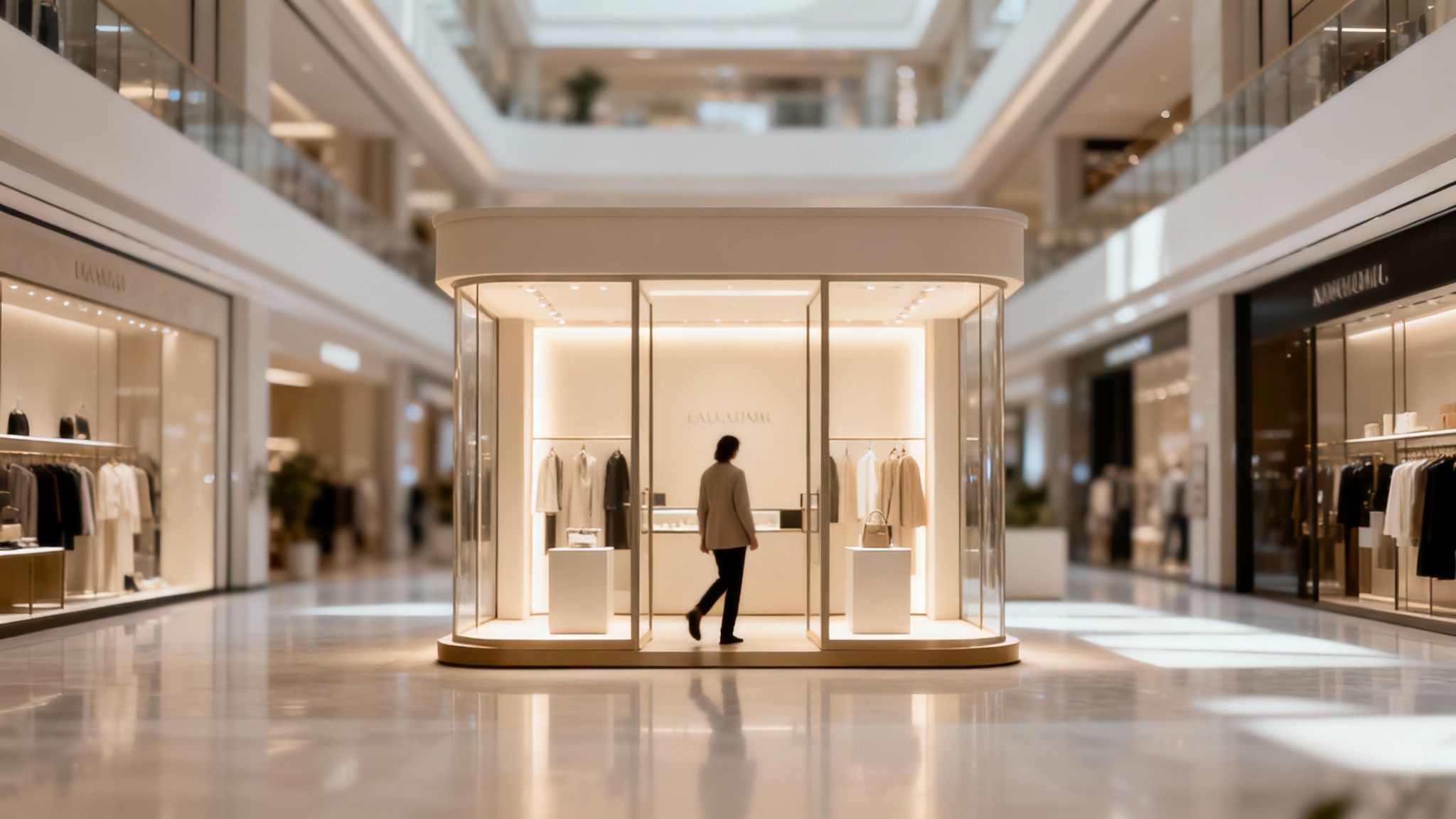 A person enters a minimalist, brightly lit clothing store display within a modern, upscale shopping mall.