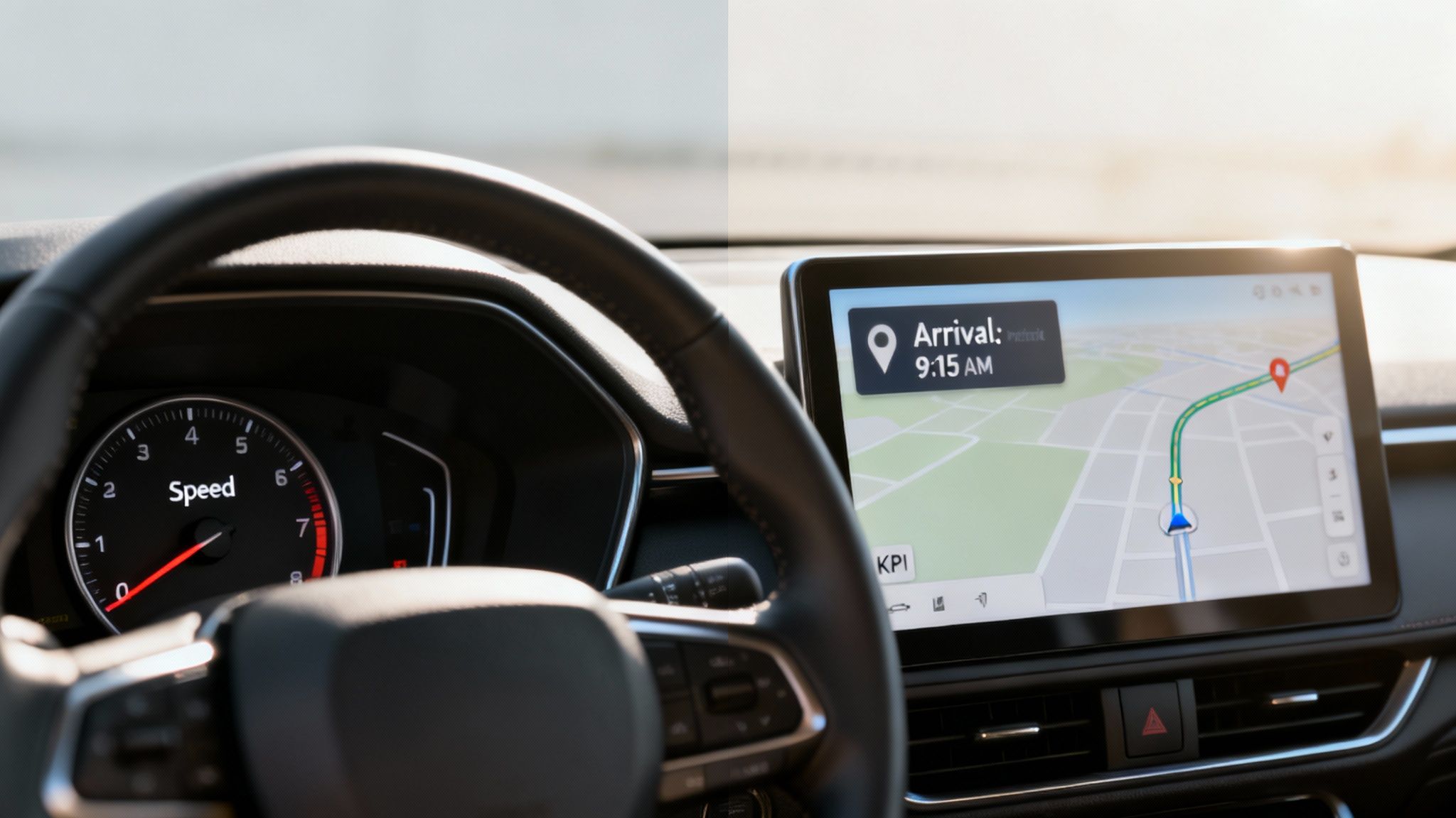 Car interior with speedometer showing 'Speed' and navigation screen displaying map and 9:15 AM arrival.