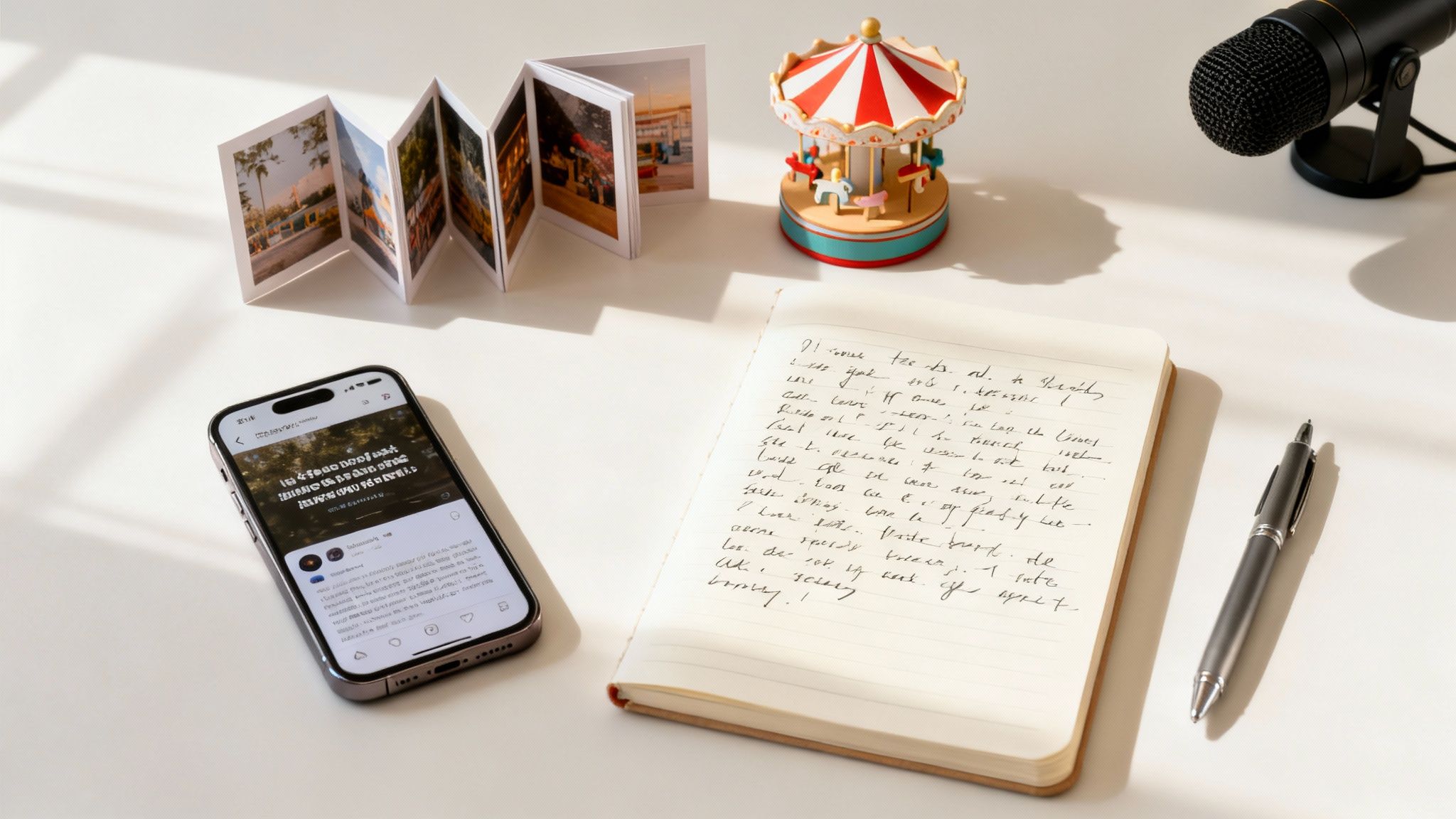 A creative workspace with a phone, handwritten journal, photo album, toy carousel, and microphone.