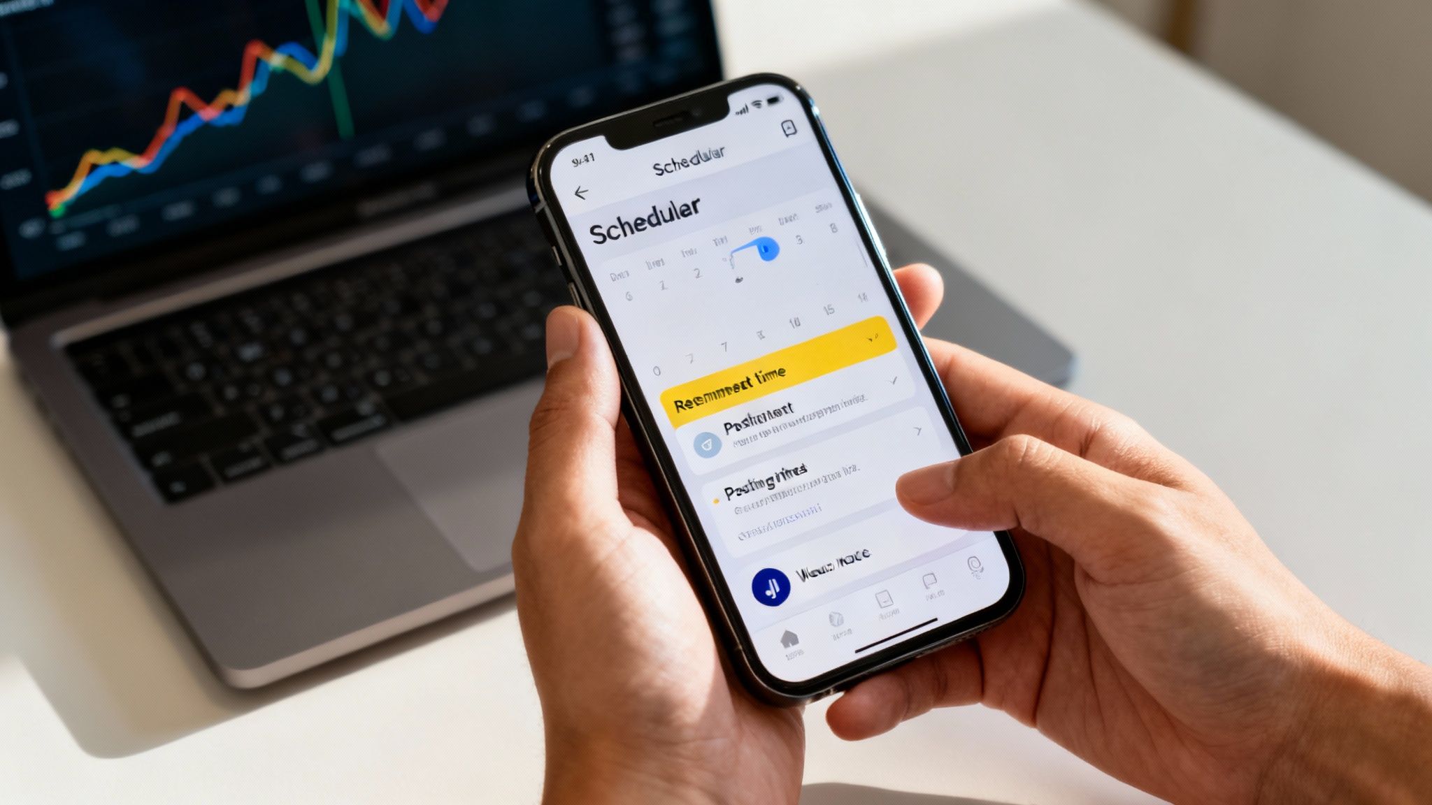 Close-up of hands holding a smartphone displaying a social media scheduler app, with a laptop.