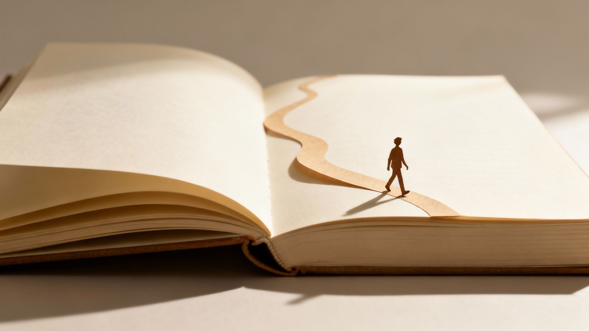 A paper cut-out person walks on a winding path across the blank pages of an open book.