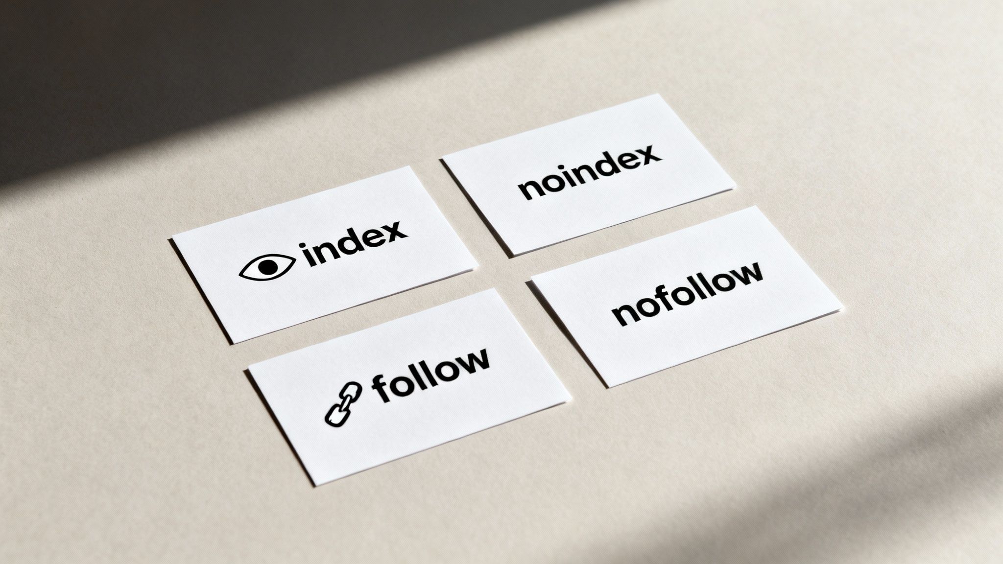 Four white cards illustrating SEO robots meta tag directives: index, noindex, follow, and nofollow.