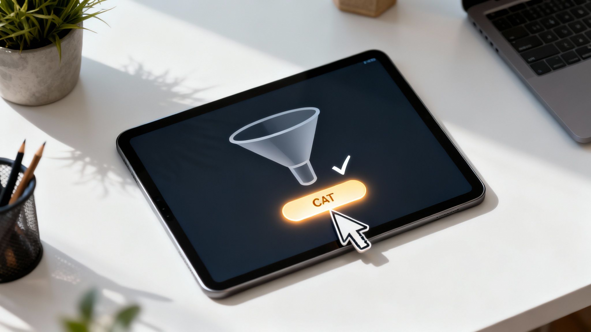 A tablet screen displays a funnel icon and a glowing 'CAT' button being clicked, indicating data filtering.