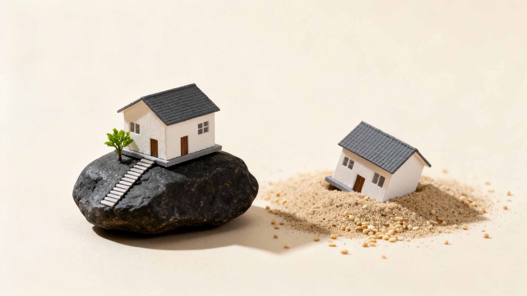 Two miniature houses demonstrating foundations, one securely on a rock, the other sinking in sand.