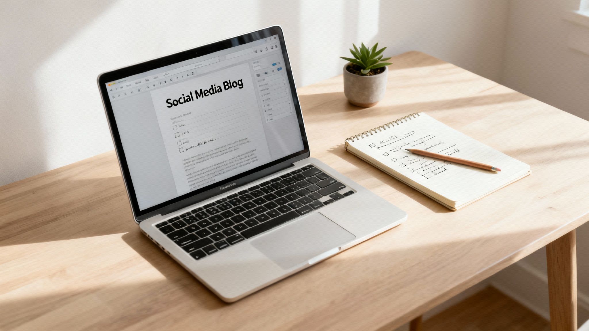 A laptop displaying "Social Media Blog" content, a notebook with a pencil, and a plant on a wooden desk.