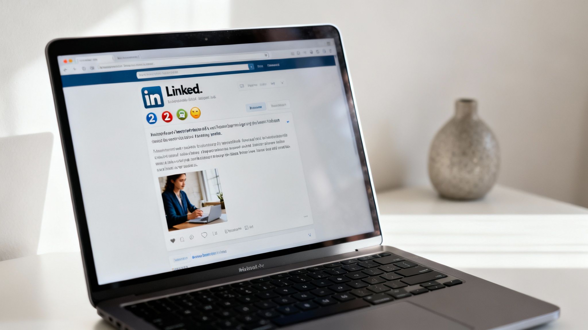 Laptop displaying LinkedIn profile page with professional post content on desk workspace