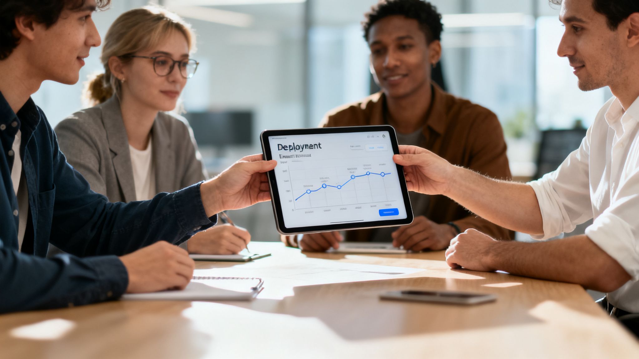 Four diverse business professionals in a meeting room collaboratively reviewing a 'Deployment' chart on a tablet, discussing strategy.
