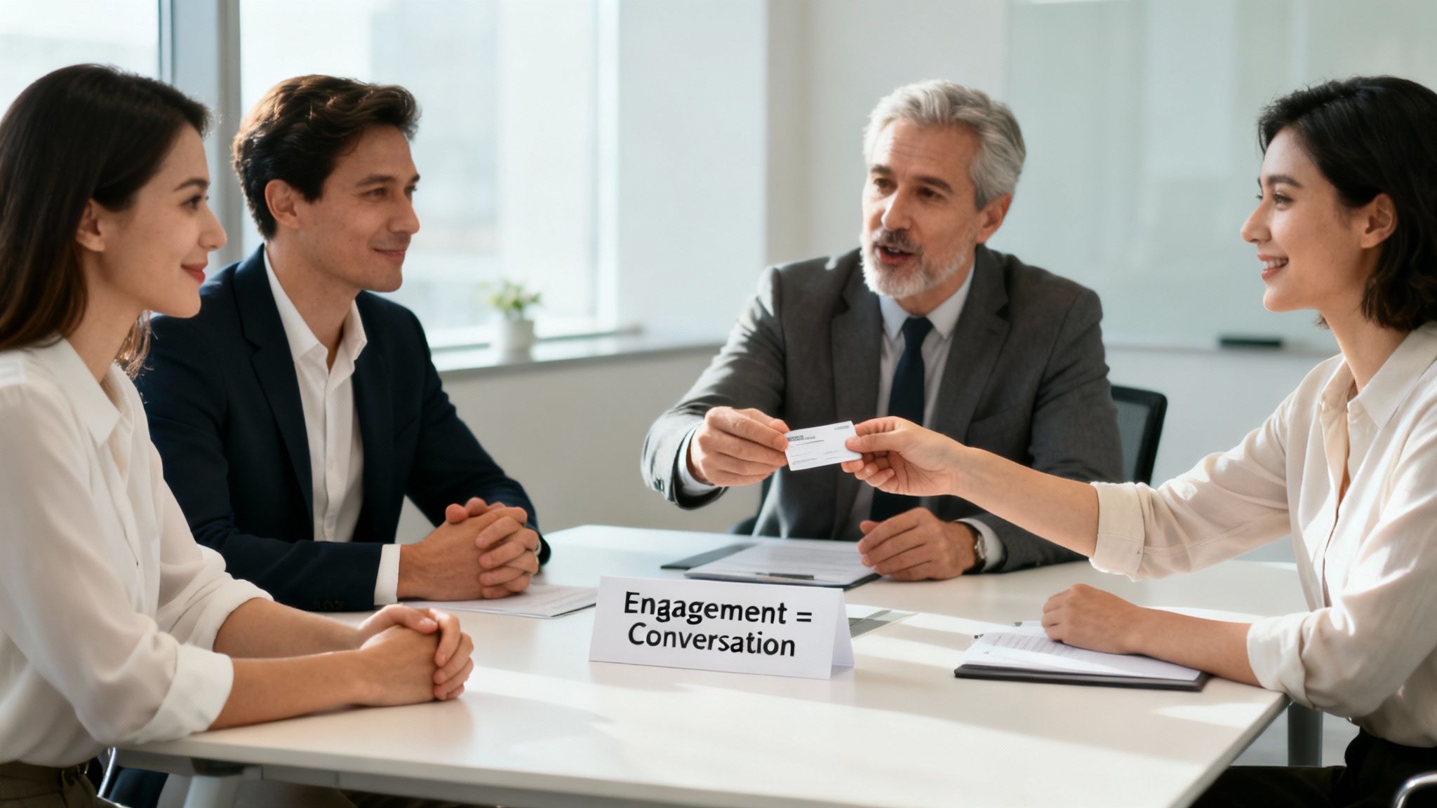 Four professionals at a modern office table, exchanging business cards, with a sign reading 'Engagement = Conversation'.