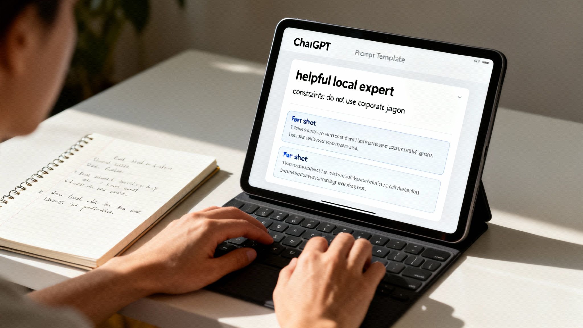 Person typing on an iPad displaying a ChatGPT prompt template, with a notebook nearby.