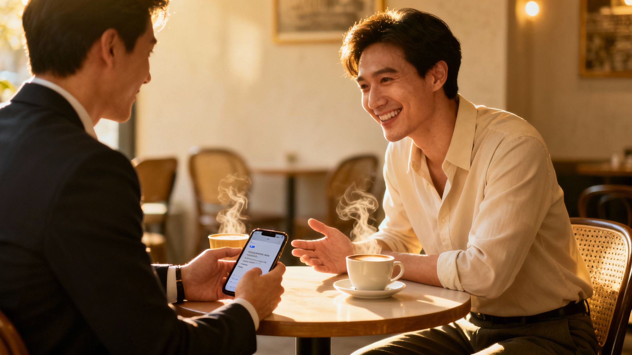 Two Asian men having a discussion over steaming coffee in a sunny cafe, one showing a smartphone.