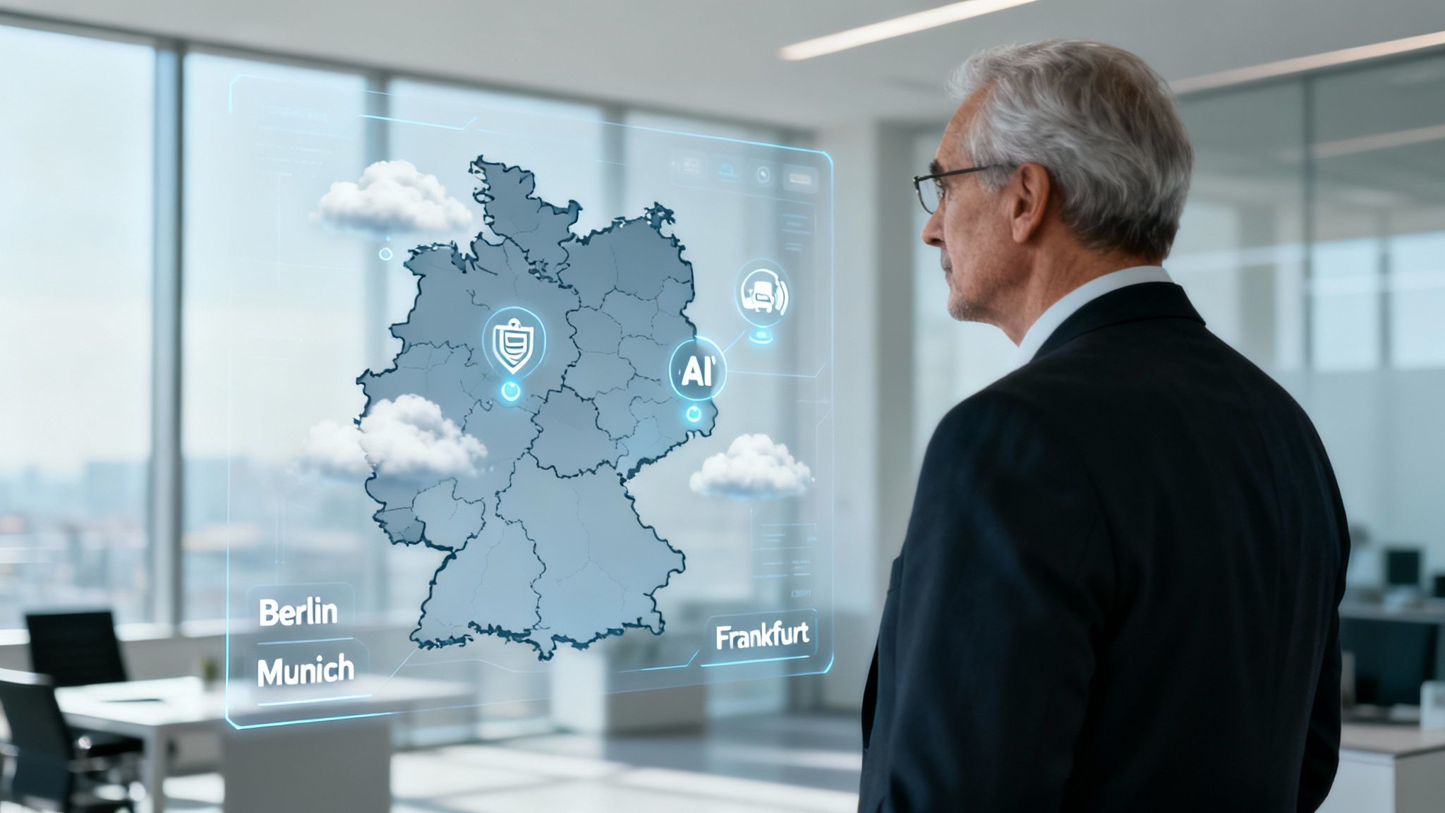 Senior consultant interacting with a futuristic digital map of Germany showing key key cities and AI tech.
