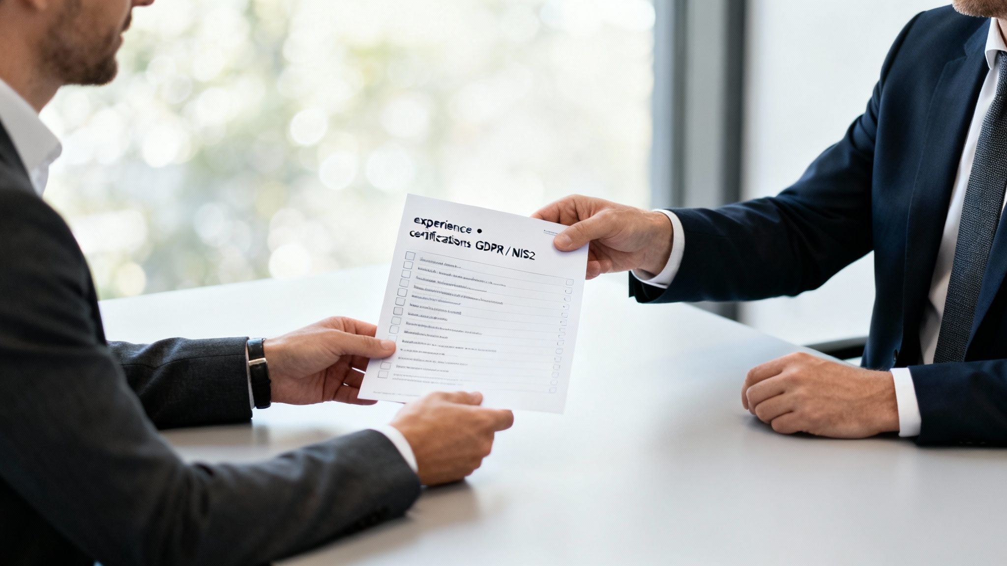 Two men in suits exchange a document detailing experience and GDPR/NIS2 certifications during a professional meeting.