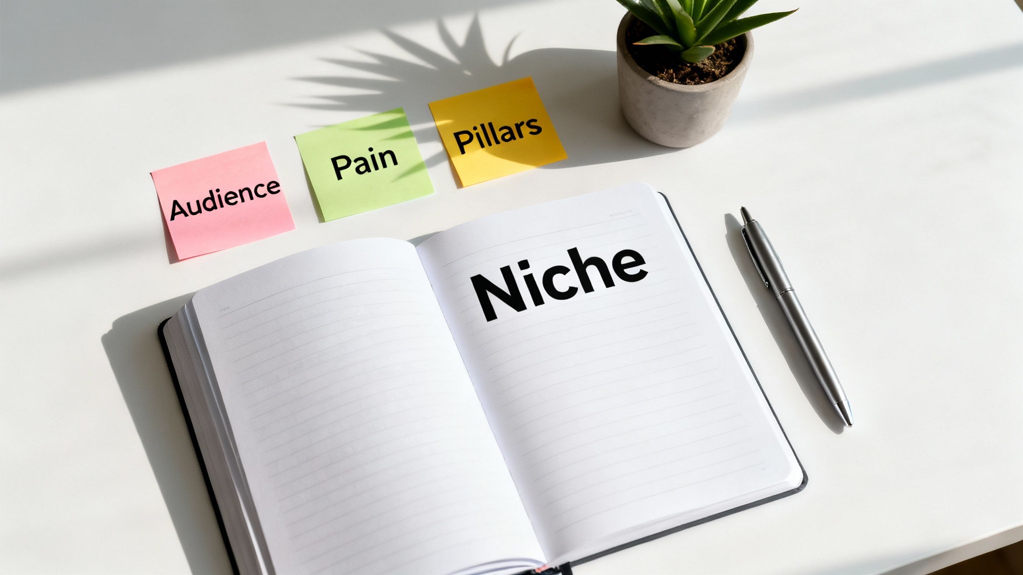 A desk with sticky notes labeled 'Audience', 'Pain', 'Pillars', and an open notebook displaying 'Niche'.