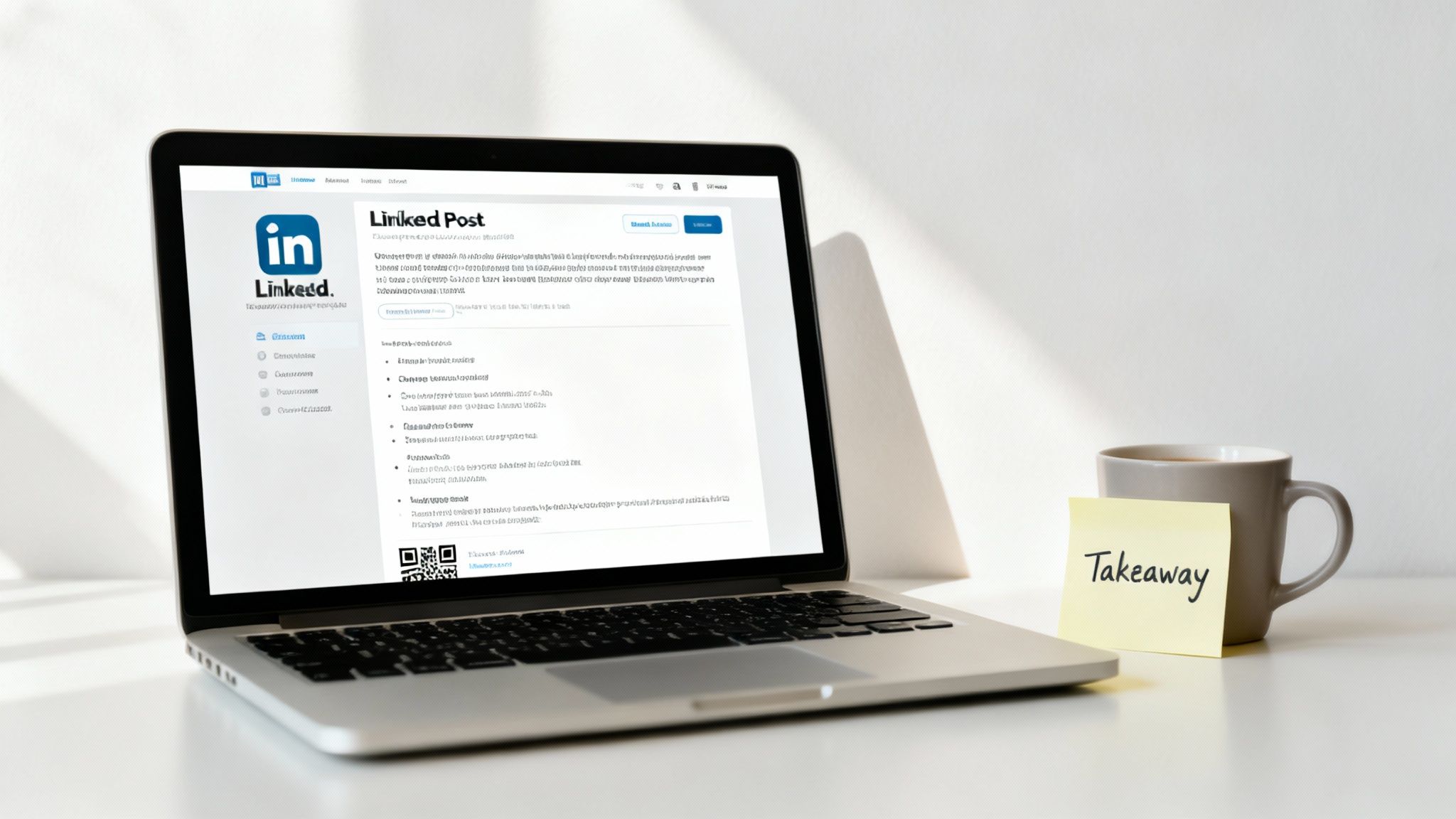 A professional working on a laptop, with a clean and structured layout on the screen representing a well-formatted LinkedIn post.