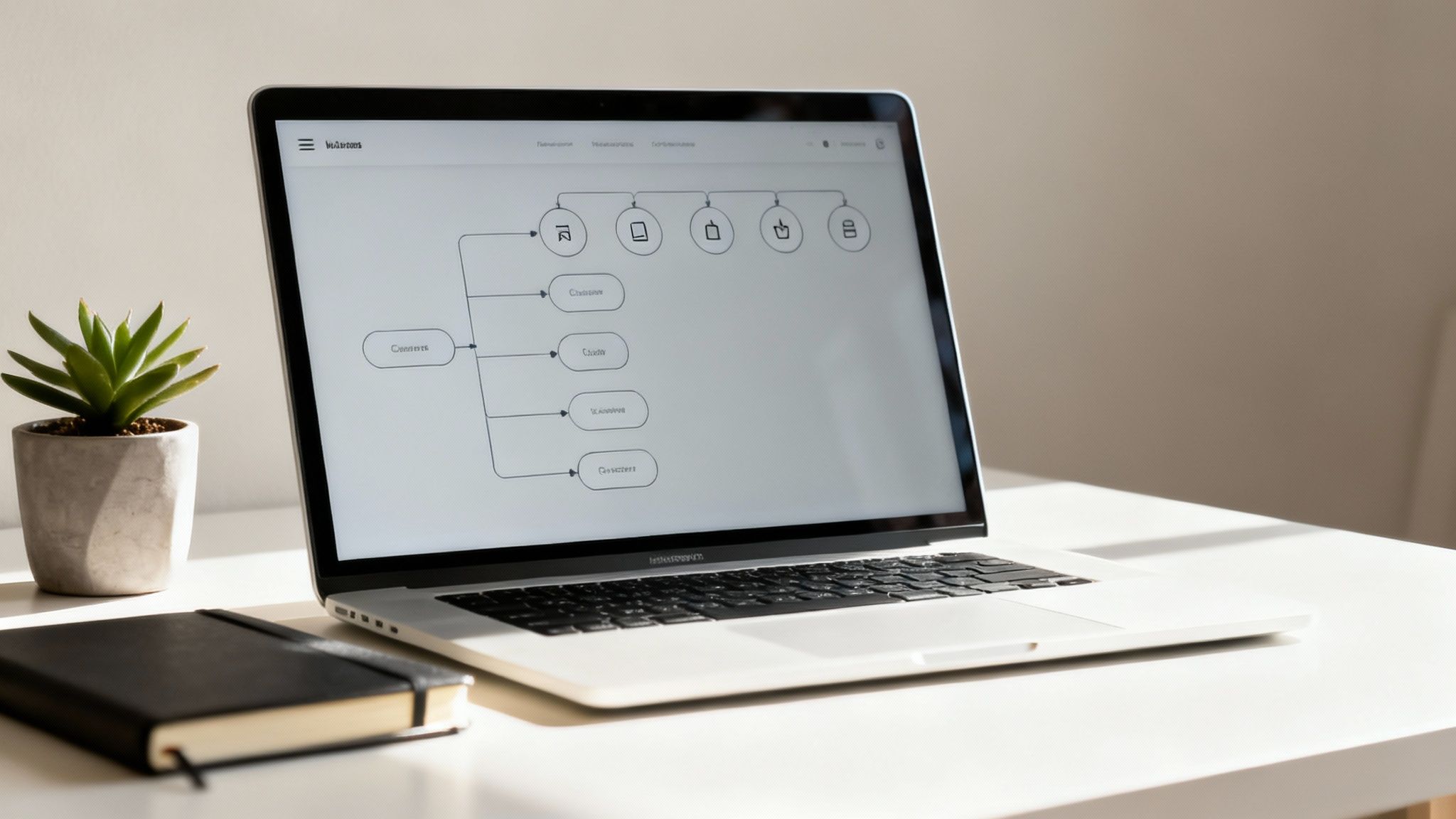 Laptop on a white desk displays a business flowchart, alongside a green plant and black notebook.