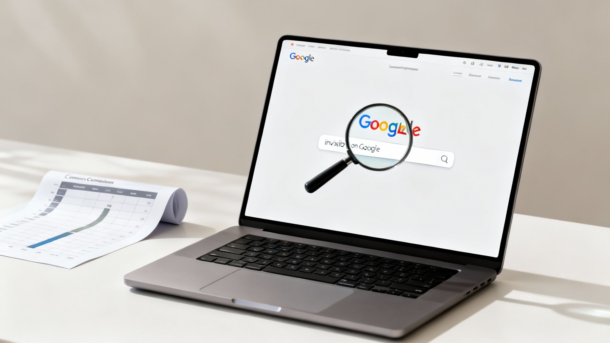 Laptop zeigt Google-Suche nach 'invisible on Google' mit einer Lupe, daneben ein Geschäftsbericht.