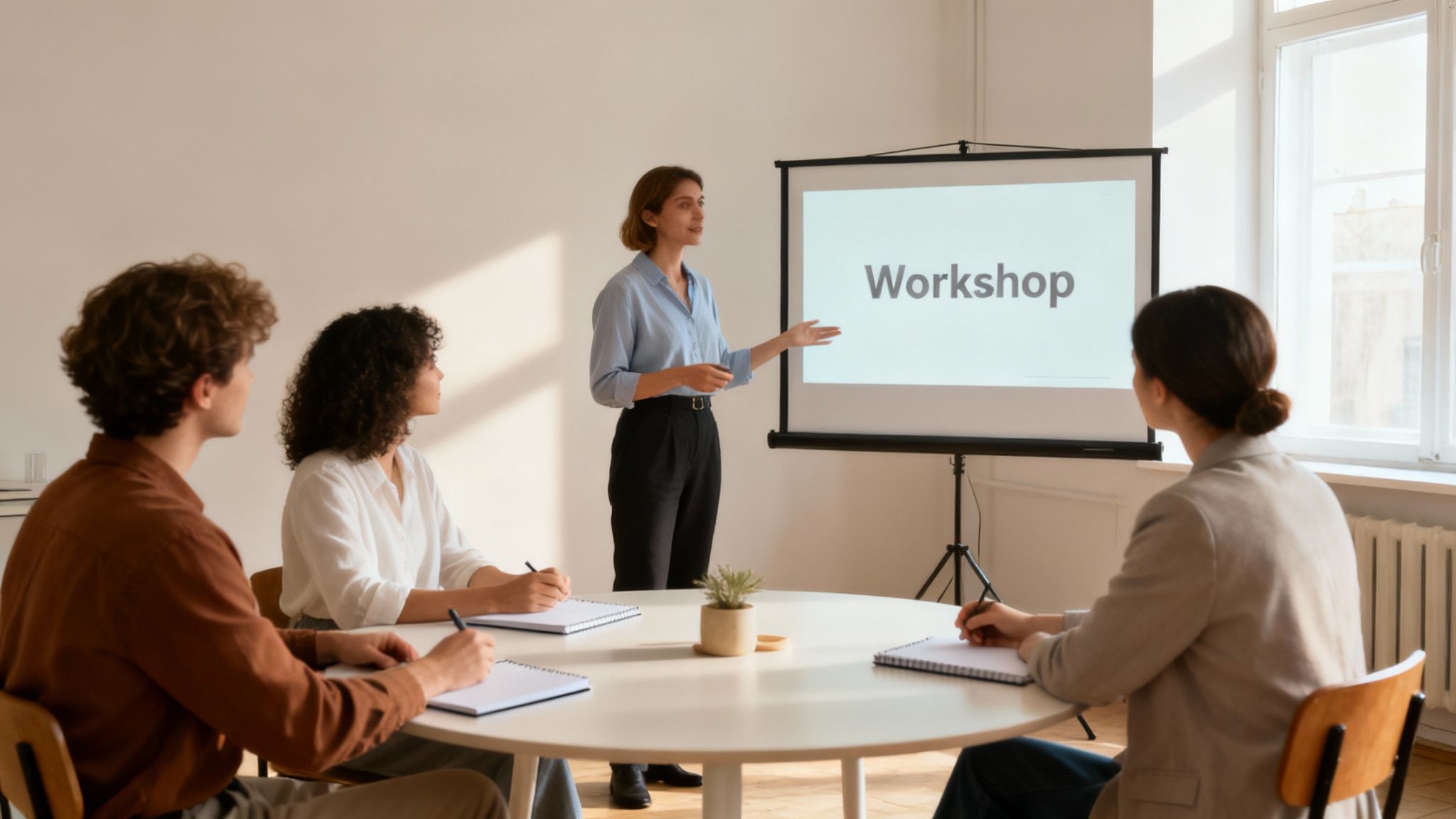 A female presenter leading a workshop for three attendees taking notes around a table.
