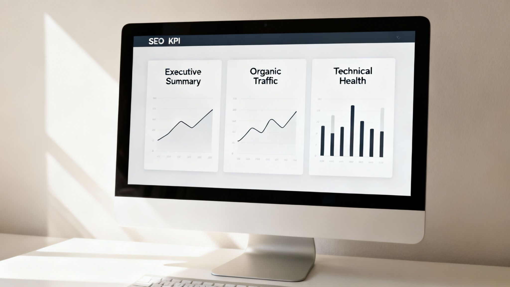 A computer screen displays an SEO KPI dashboard with charts for executive summary, organic traffic, and technical health.