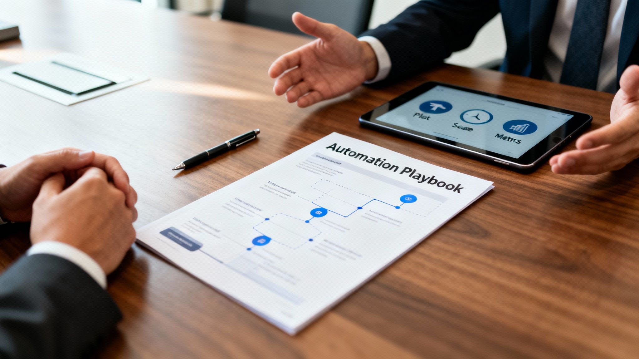 Two business professionals discussing an 'Automation Playbook' document and a tablet with project metrics.