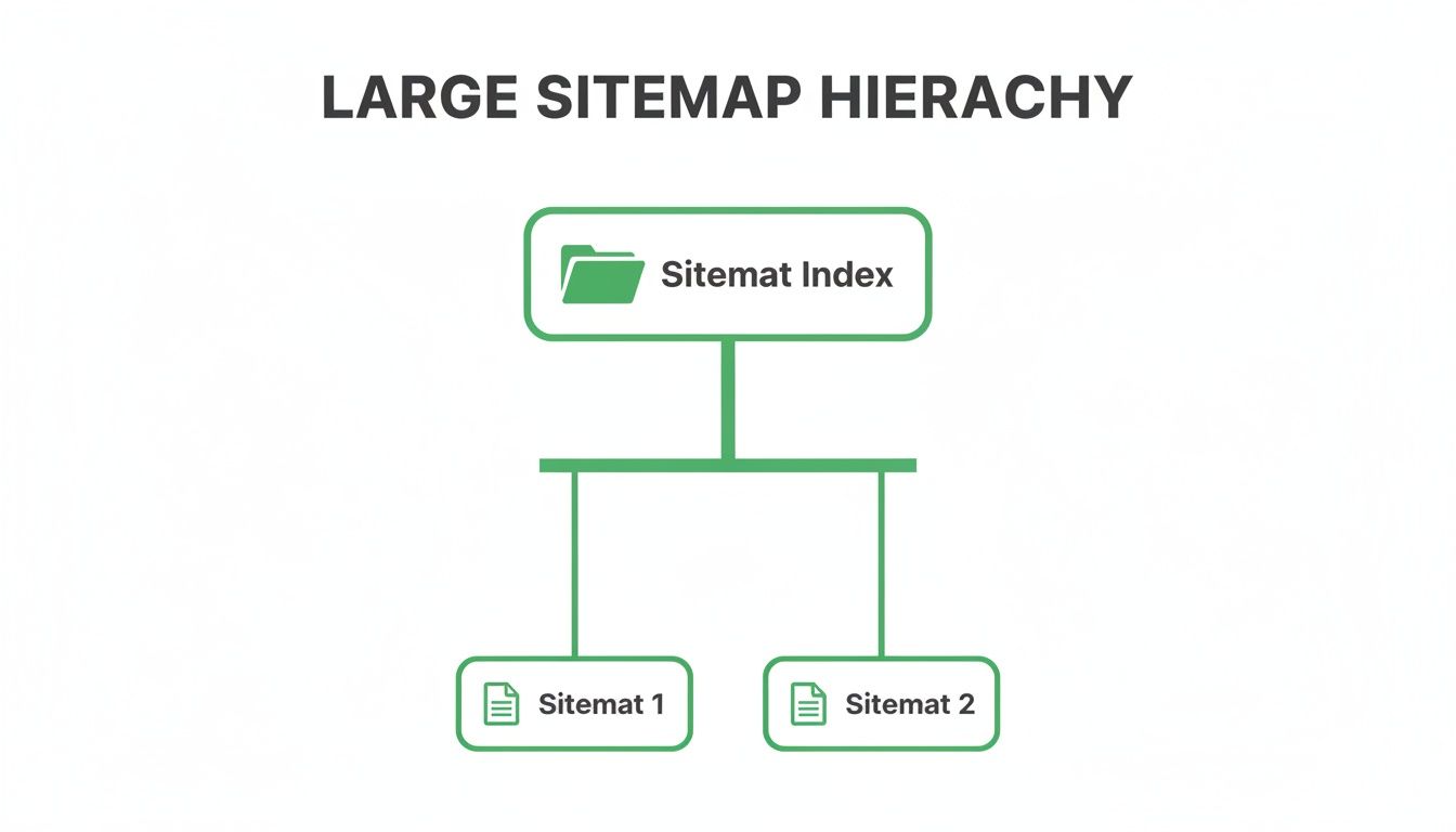 A diagram illustrating a large sitemap hierarchy, featuring a sitemap index linking to Sitemap 1 and Sitemap 2.
