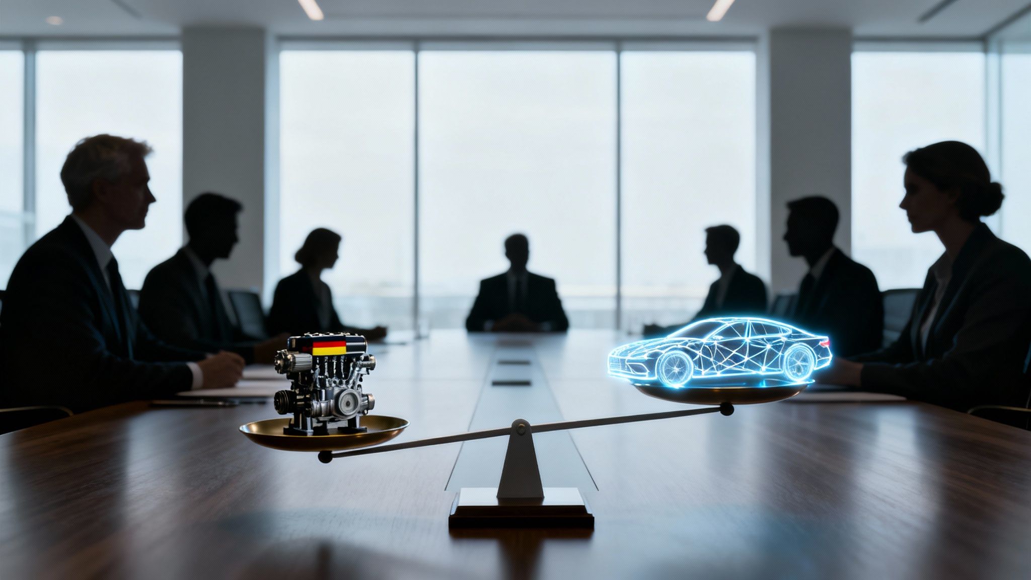 Führungskräfte in einem Besprechungsraum vergleichen ein deutsches Motorenmodell mit einem leuchtenden digitalen Fahrzeugkonzept auf einer Waage.