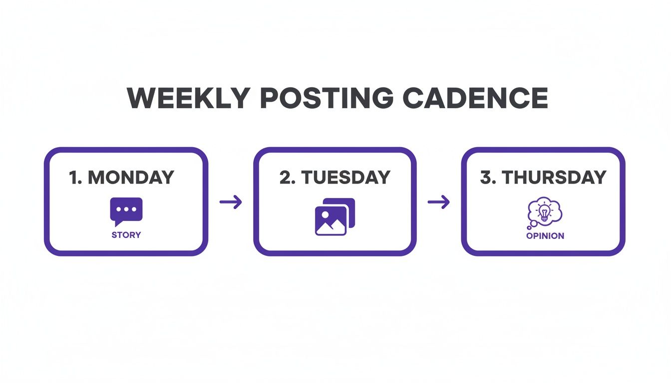 A weekly social media posting schedule showing Monday for 'Story', Tuesday for 'Images', and Thursday for 'Opinion'.