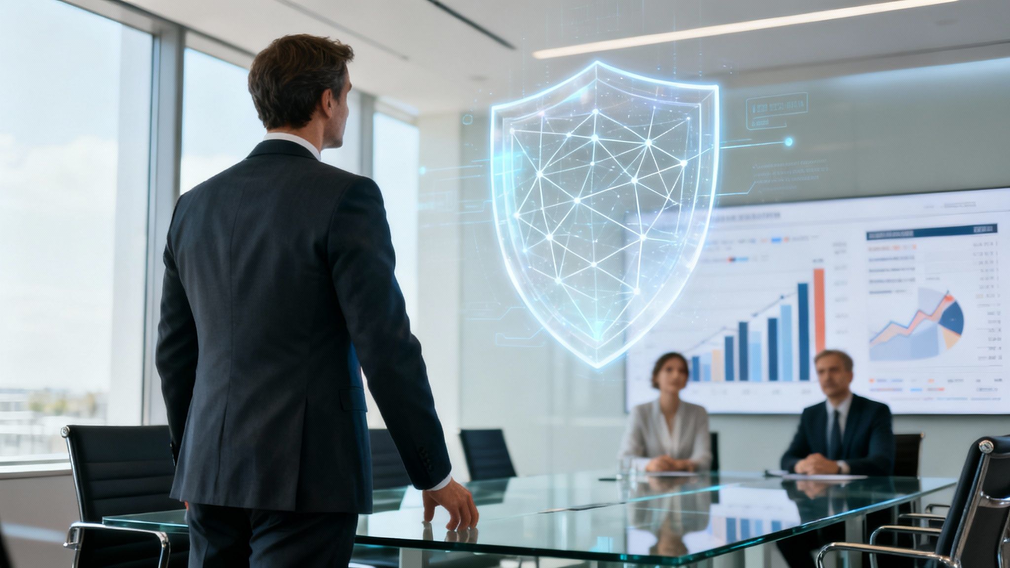 Geschäftsmann betrachtet ein leuchtendes Cybersicherheits-Schild und Datencharts in einem modernen Konferenzraum.