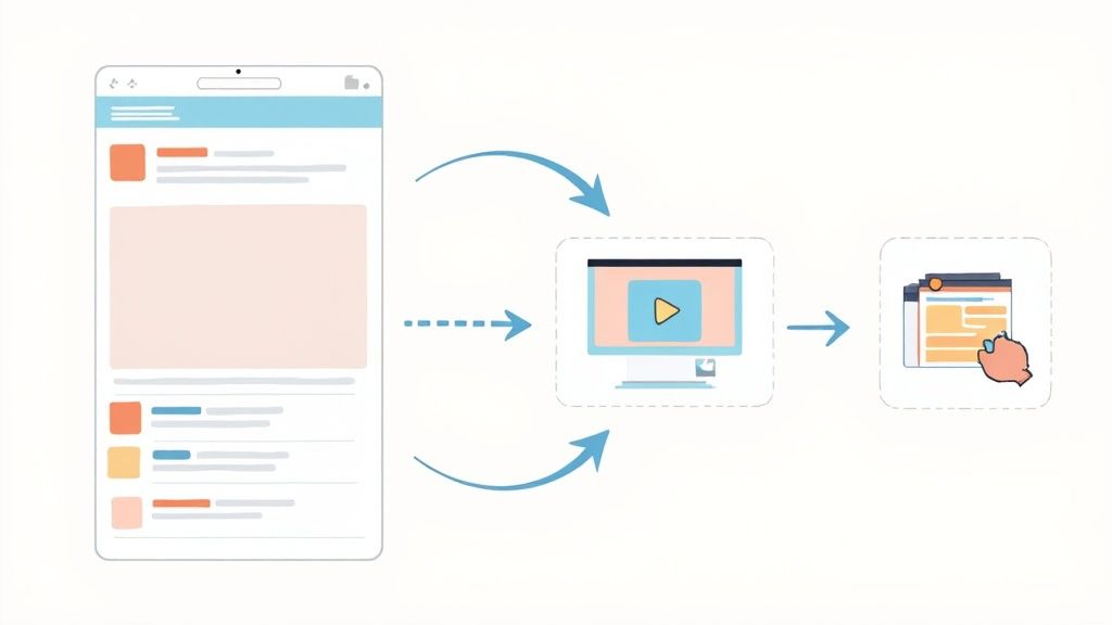 A carousel of images and text blocks being arranged on a digital canvas, symbolizing the creation of a LinkedIn post with mixed media.