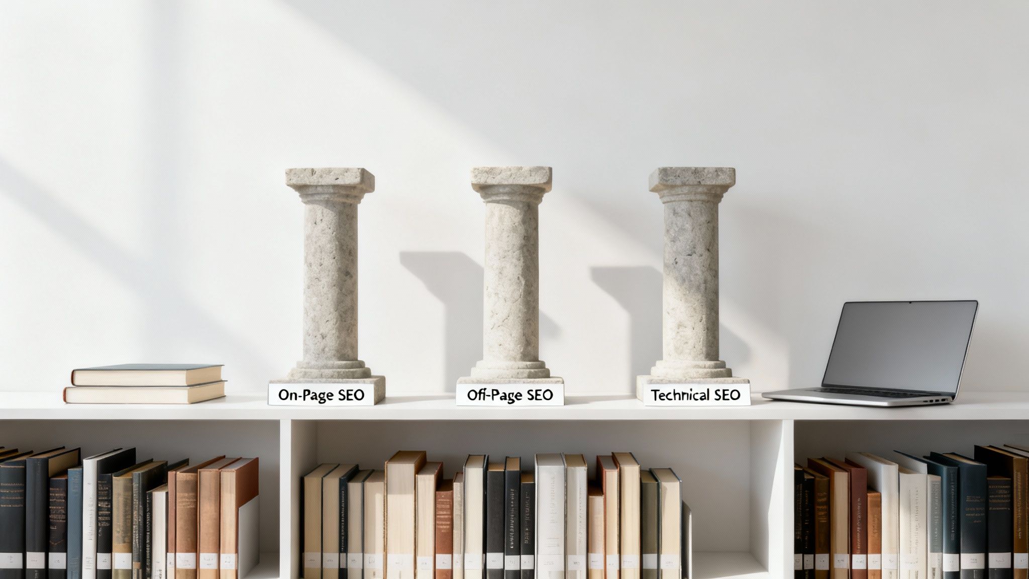 Three pillars representing On-Page, Off-Page, and Technical SEO on a white shelf with books and a laptop.