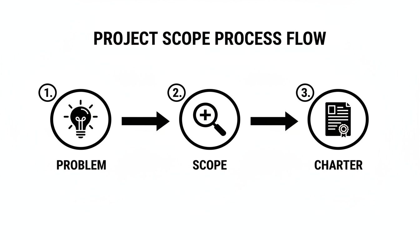 Schwarz‑weiß Diagramm, das die Schritte zur Definition des Projektumfangs darstellt: Problem, Umfang und Charter.