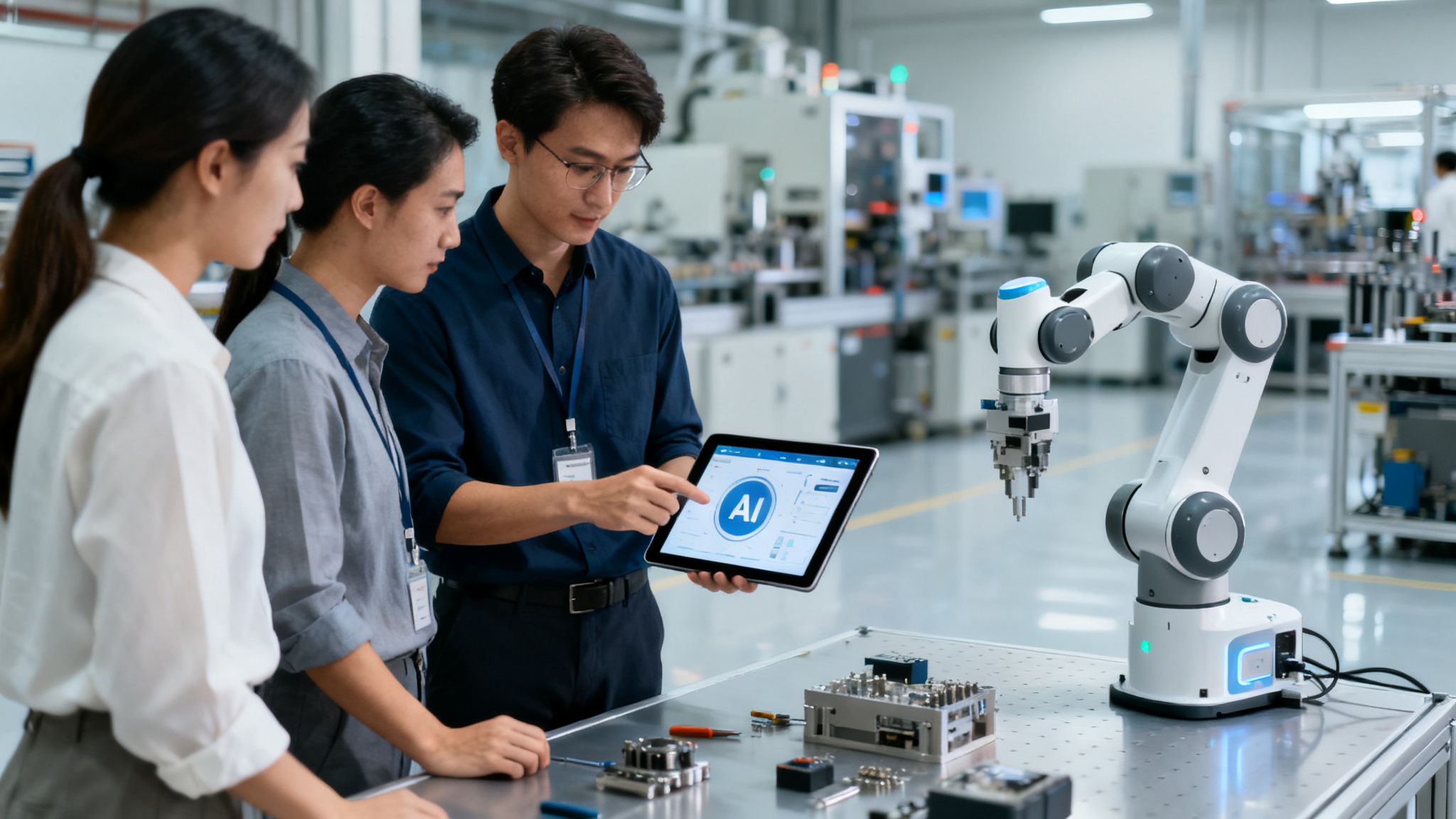 Three engineers collaborate, reviewing AI software on a tablet next to a robotic arm in a factory.