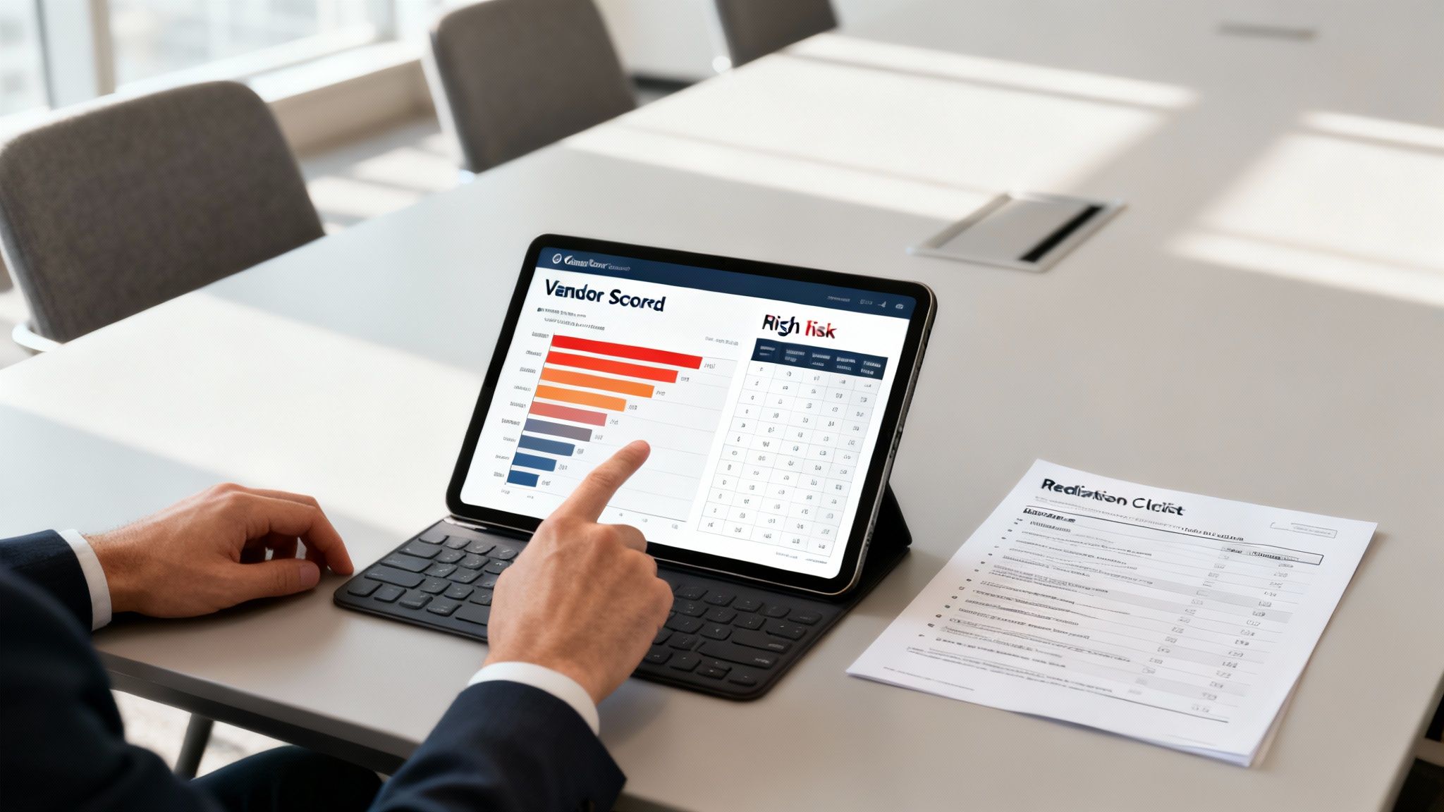 Eine Hand zeigt auf ein Tablet mit einem Dashboard 'Vendor Scored' und Risikodaten.