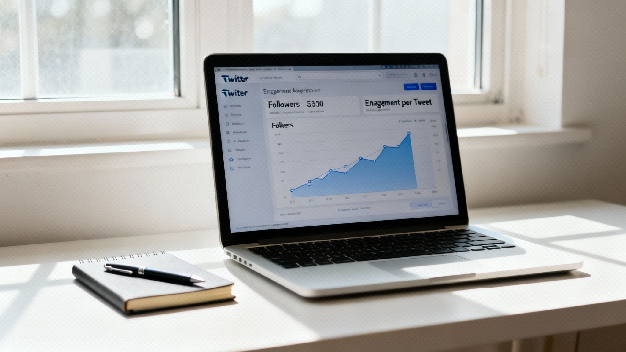 A laptop displays Twitter follower analytics and engagement data on a bright desk.