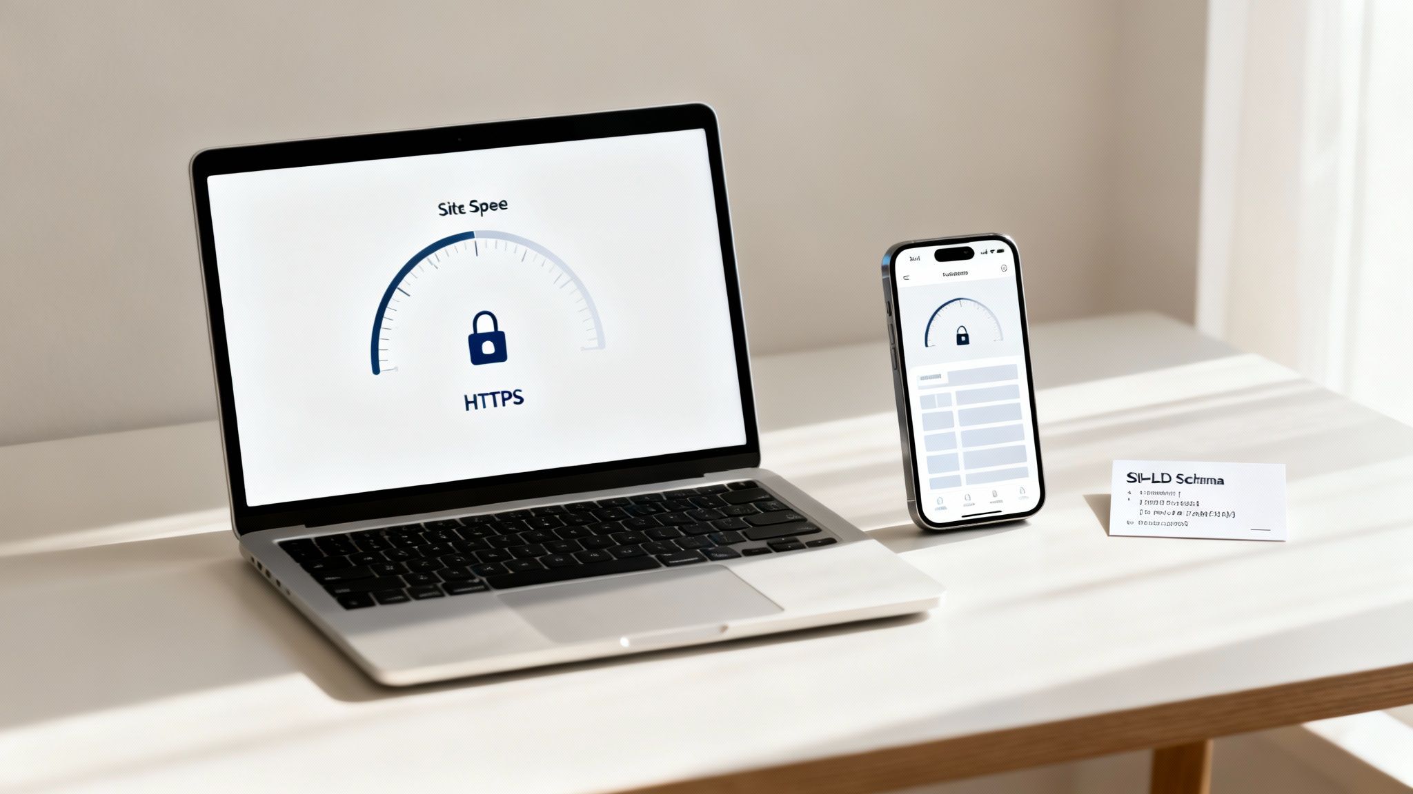 Laptop and smartphone displaying a site speed meter with HTTPS lock on a white desk.