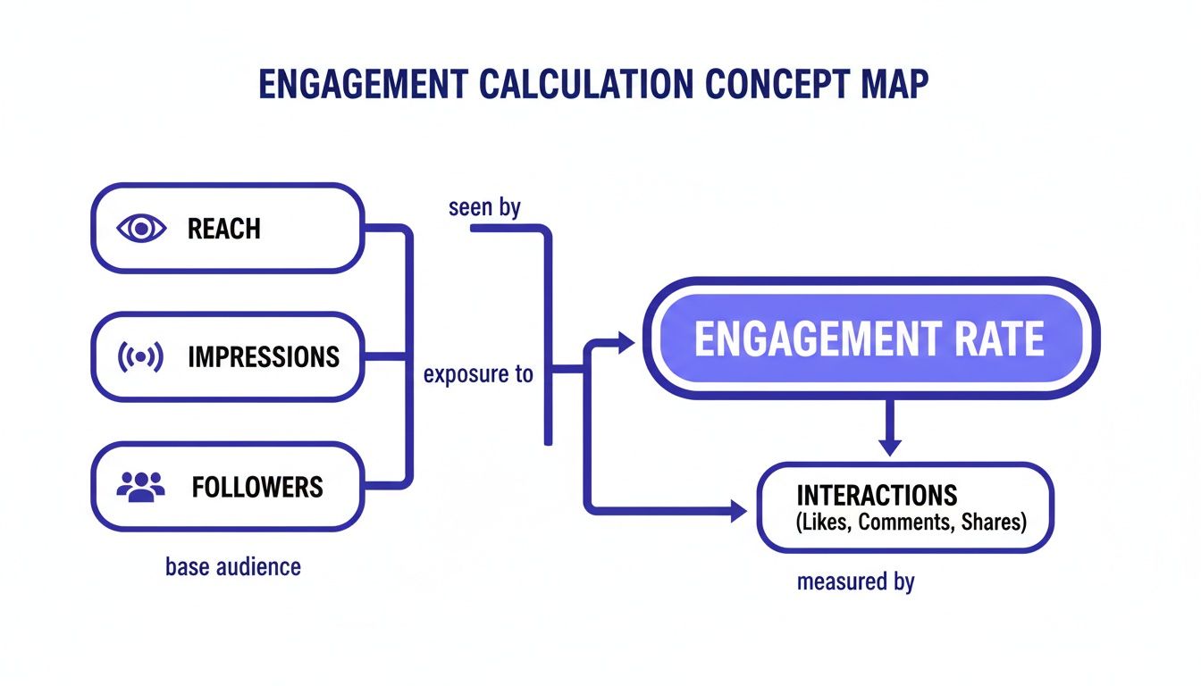 A concept map showing how reach, impressions, and followers determine social media engagement rate and interactions.