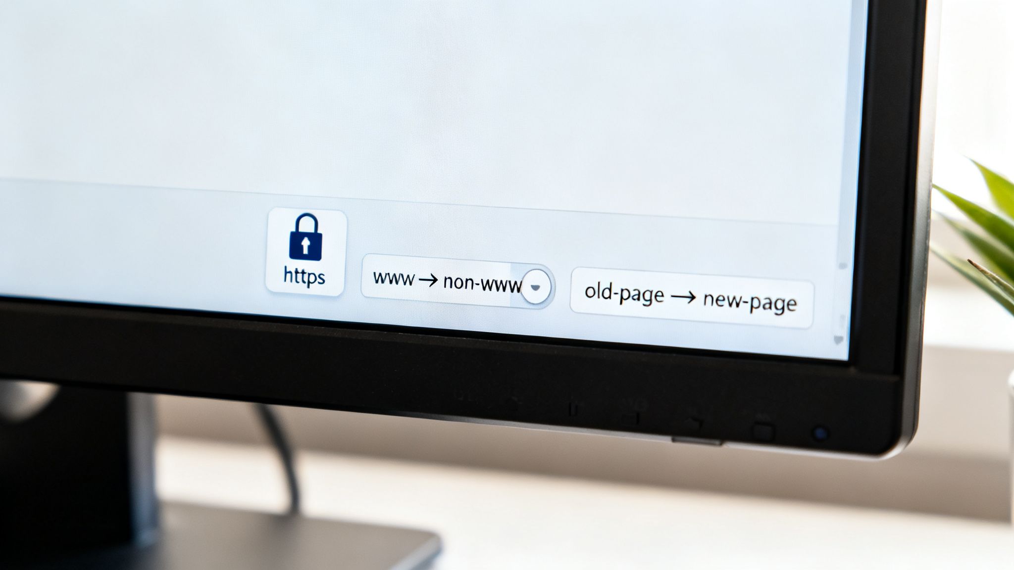 Close-up of a computer screen showing website redirect settings for HTTPS, WWW, and old-page URLs.