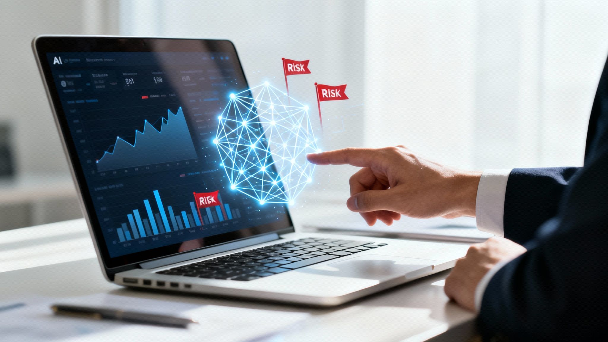 Hand touching a glowing AI network on a laptop screen with data charts and risk alerts.