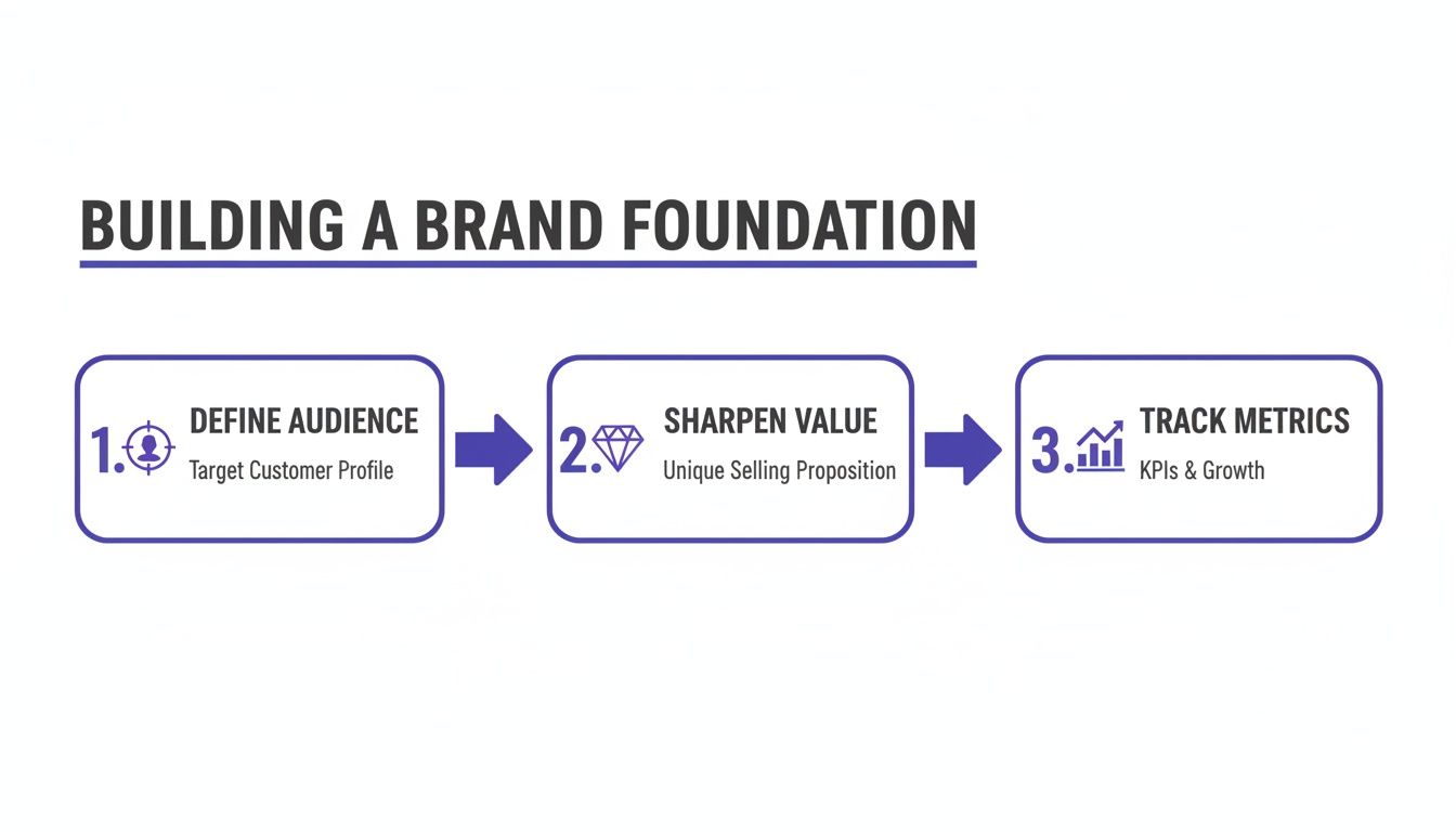 Infographic showing three key steps to build a strong brand foundation for business success.