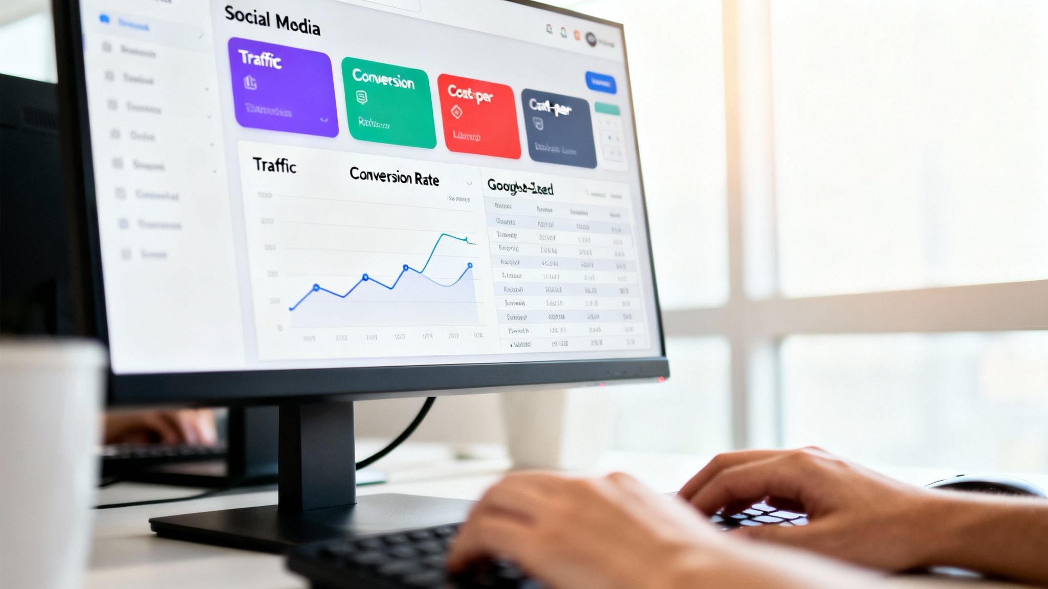 Person typing on a keyboard, analyzing a computer screen displaying social media analytics data and graphs.