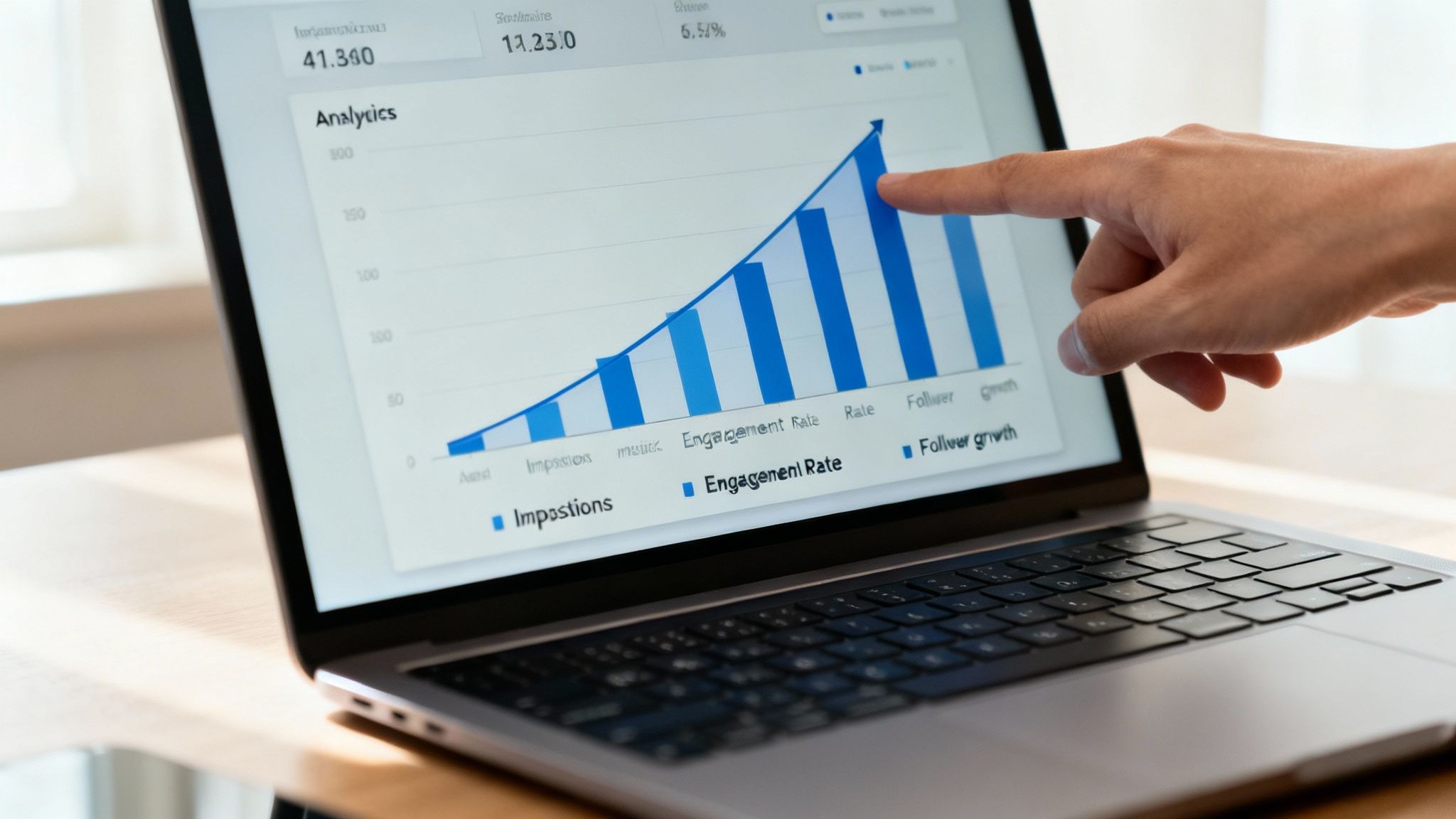 A hand points to a laptop screen displaying a blue engagement rate graph showing upward growth.