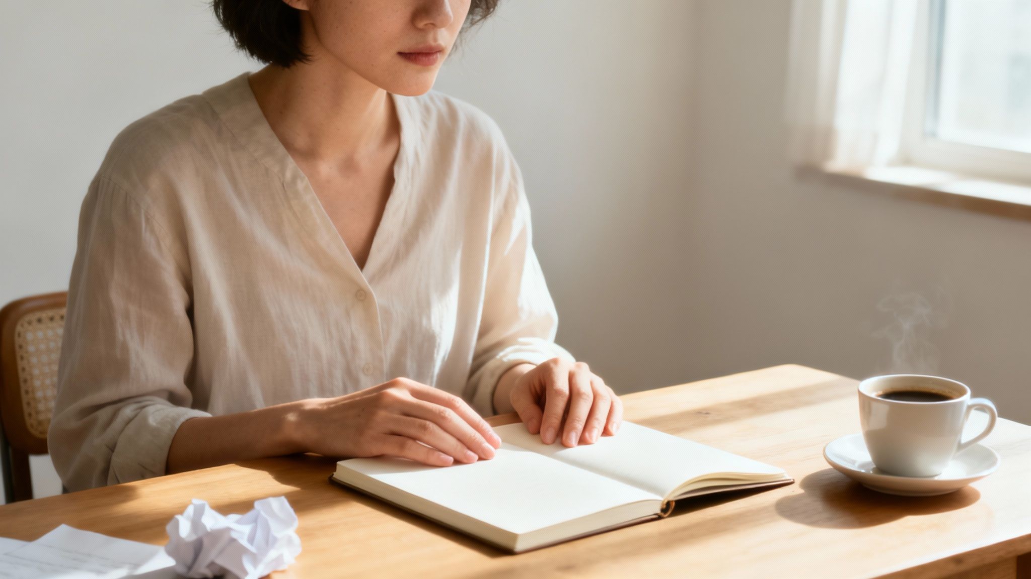 A frustrated writer sitting at a desk with crumpled paper