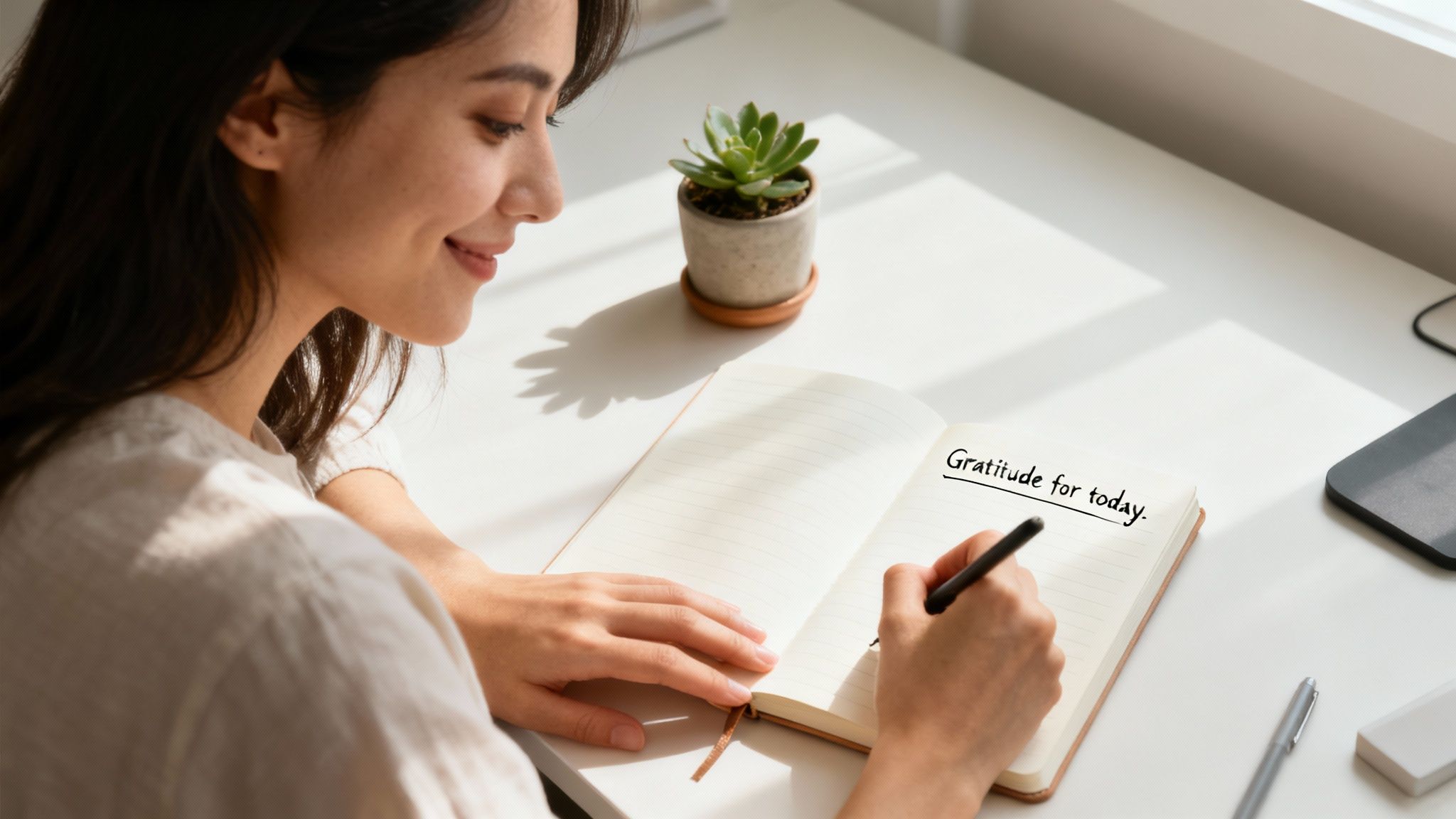 A person meditating in front of a laptop, symbolizing a calm approach to writing