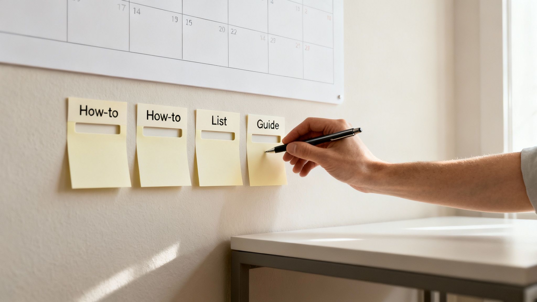 A person writing 'How-to' and 'Guide' on yellow sticky notes on a wall with a calendar.