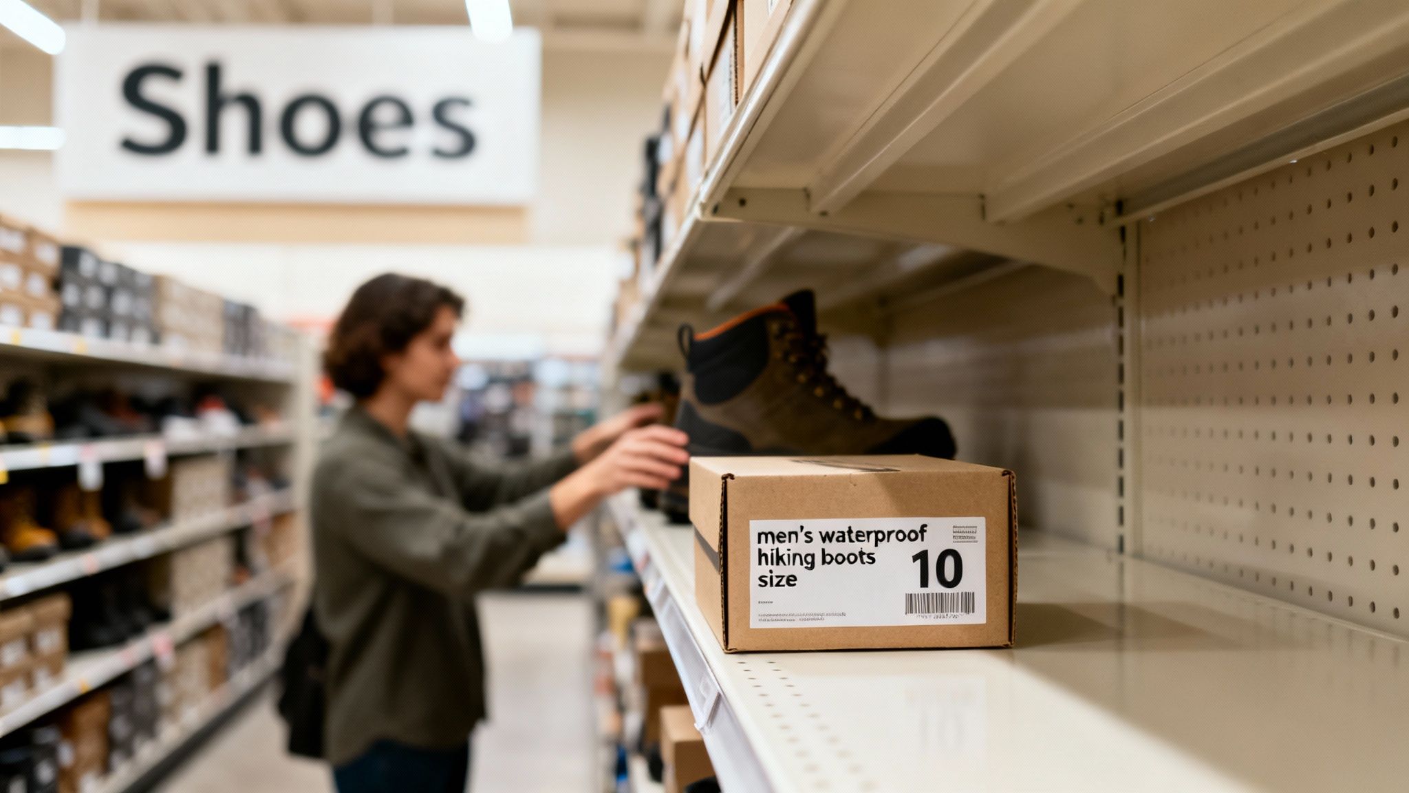A shopper selects men's waterproof hiking boots from a well-stocked shoe store aisle.
