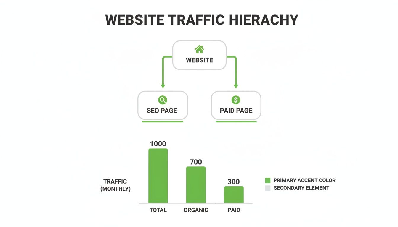 Website traffic hierarchy diagram with monthly total, organic, and paid traffic bar chart.
