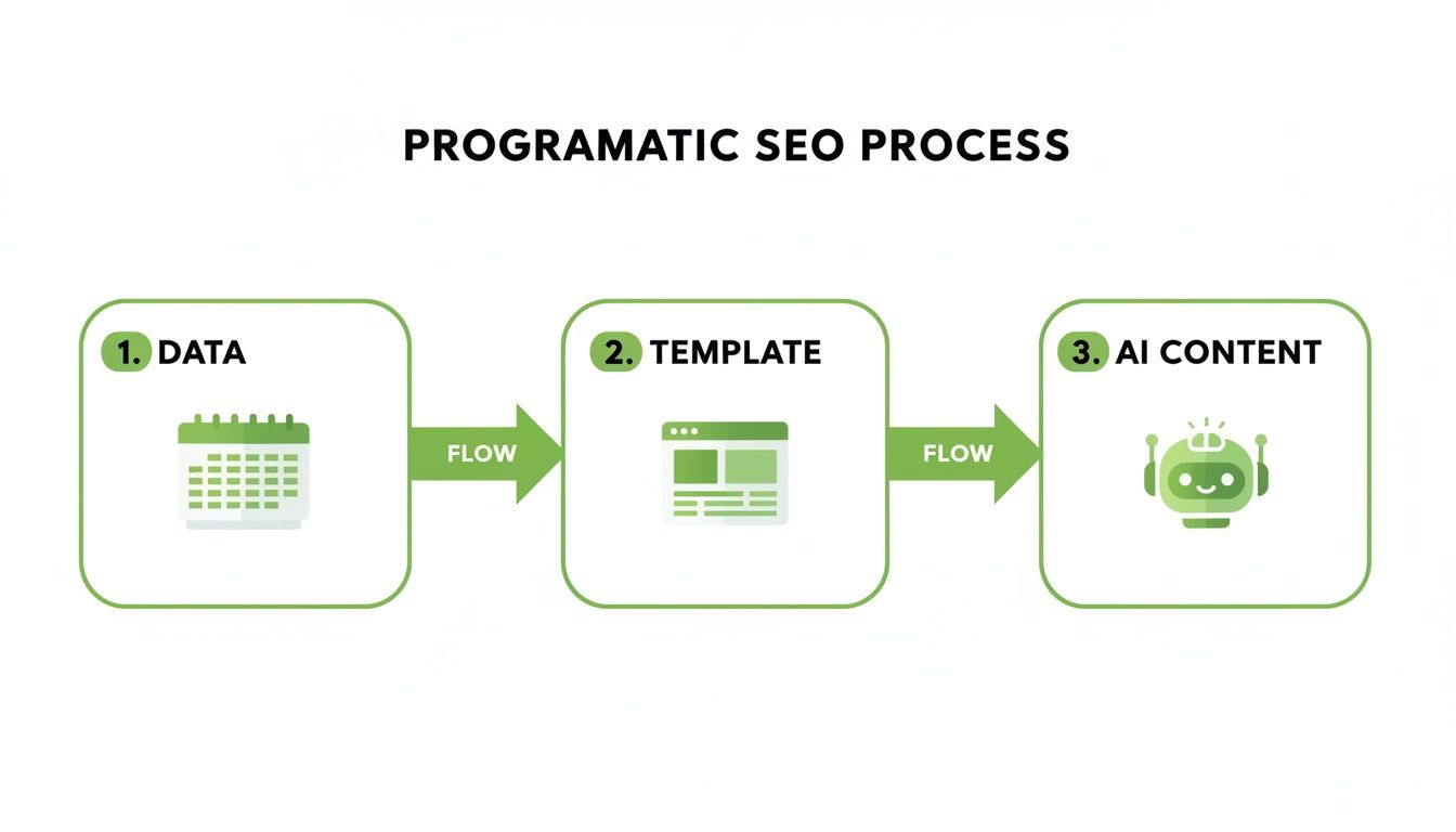 Green diagram outlining the programmatic SEO process, from data collection to template generation and AI content creation.