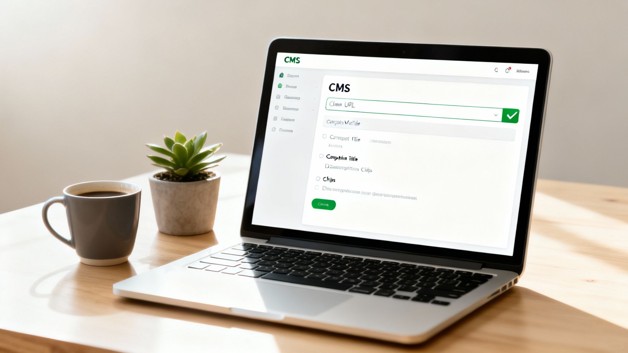 A laptop displaying a Content Management System (CMS) interface, alongside a coffee cup and small plant on a wooden desk.